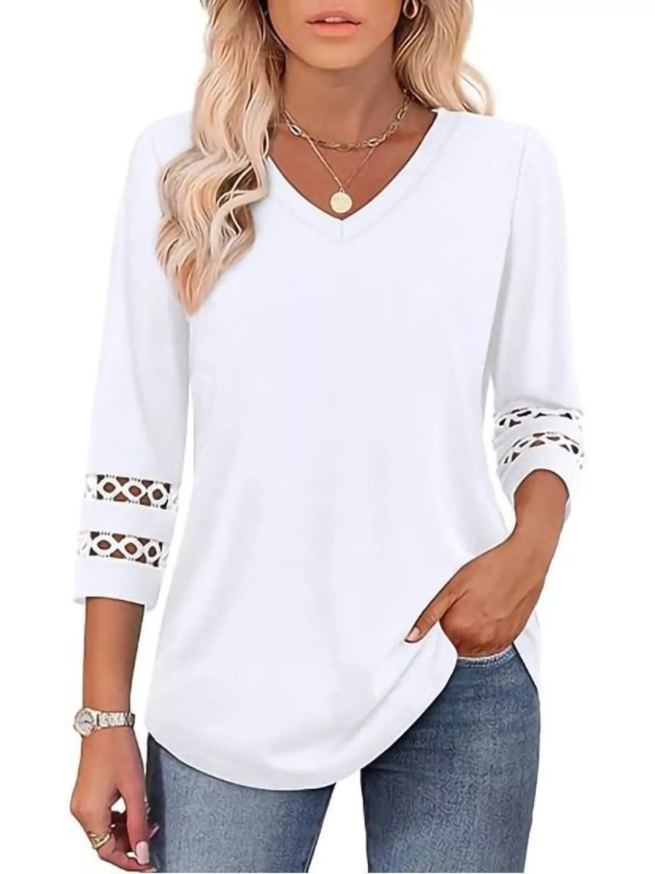 Full Size V - Neck 3/4 Sleeve T-Shirt Plus Size - MAD RUFFI