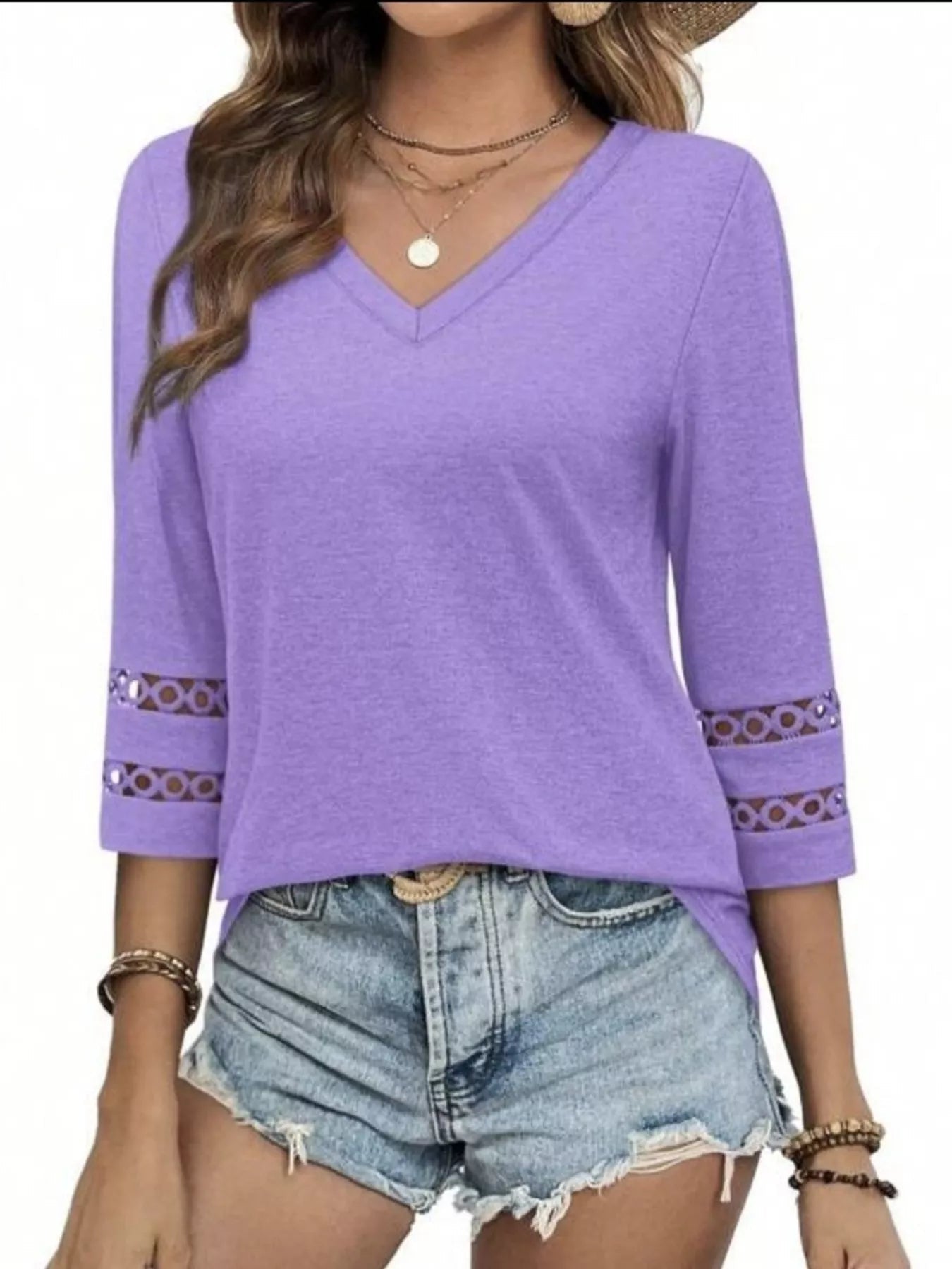 Full Size V - Neck 3/4 Sleeve T-Shirt Plus Size - MAD RUFFI