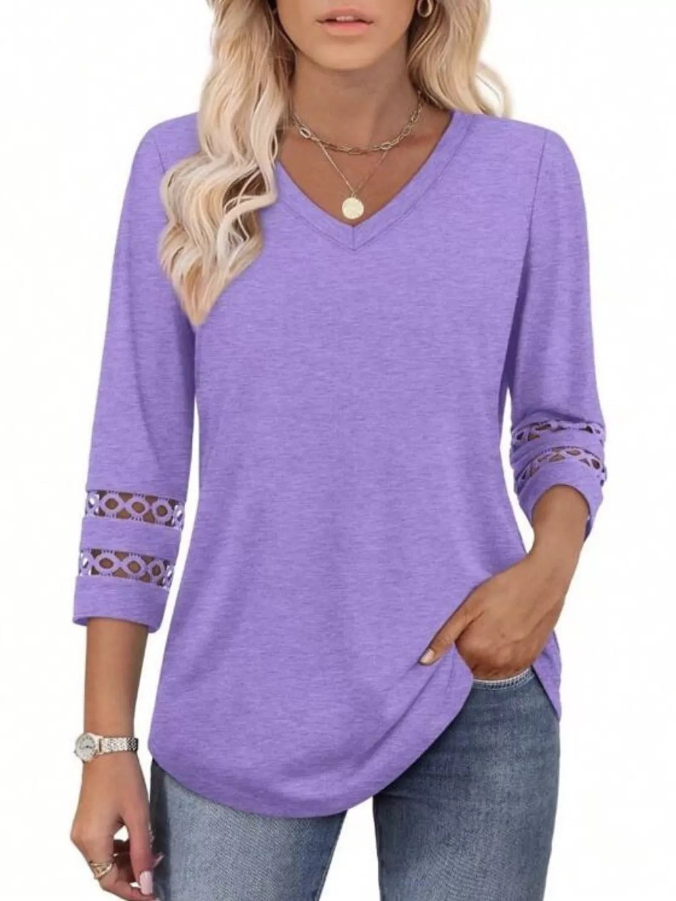 Full Size V - Neck 3/4 Sleeve T-Shirt Plus Size - MAD RUFFI