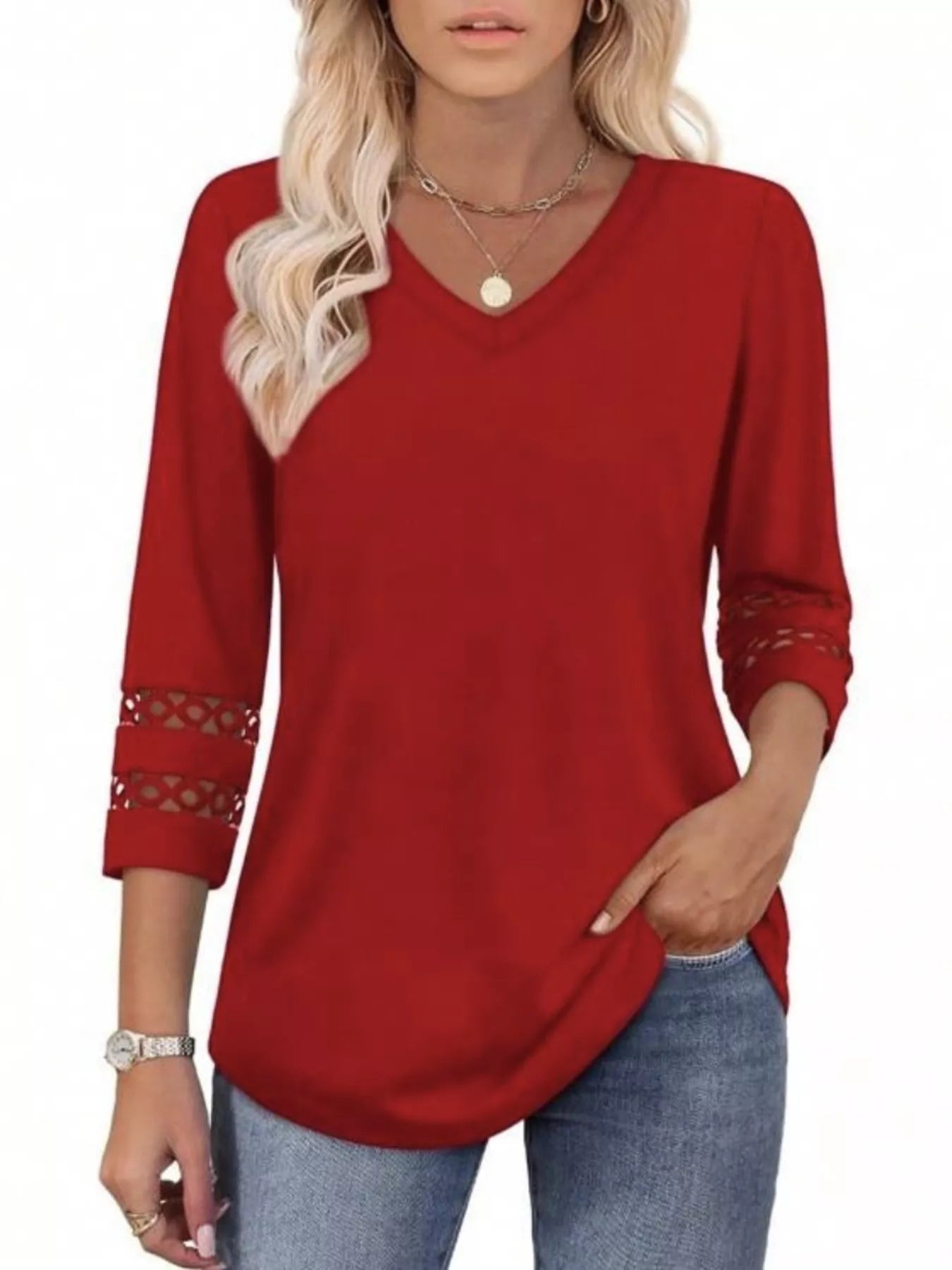 Full Size V - Neck 3/4 Sleeve T-Shirt Plus Size - MAD RUFFI