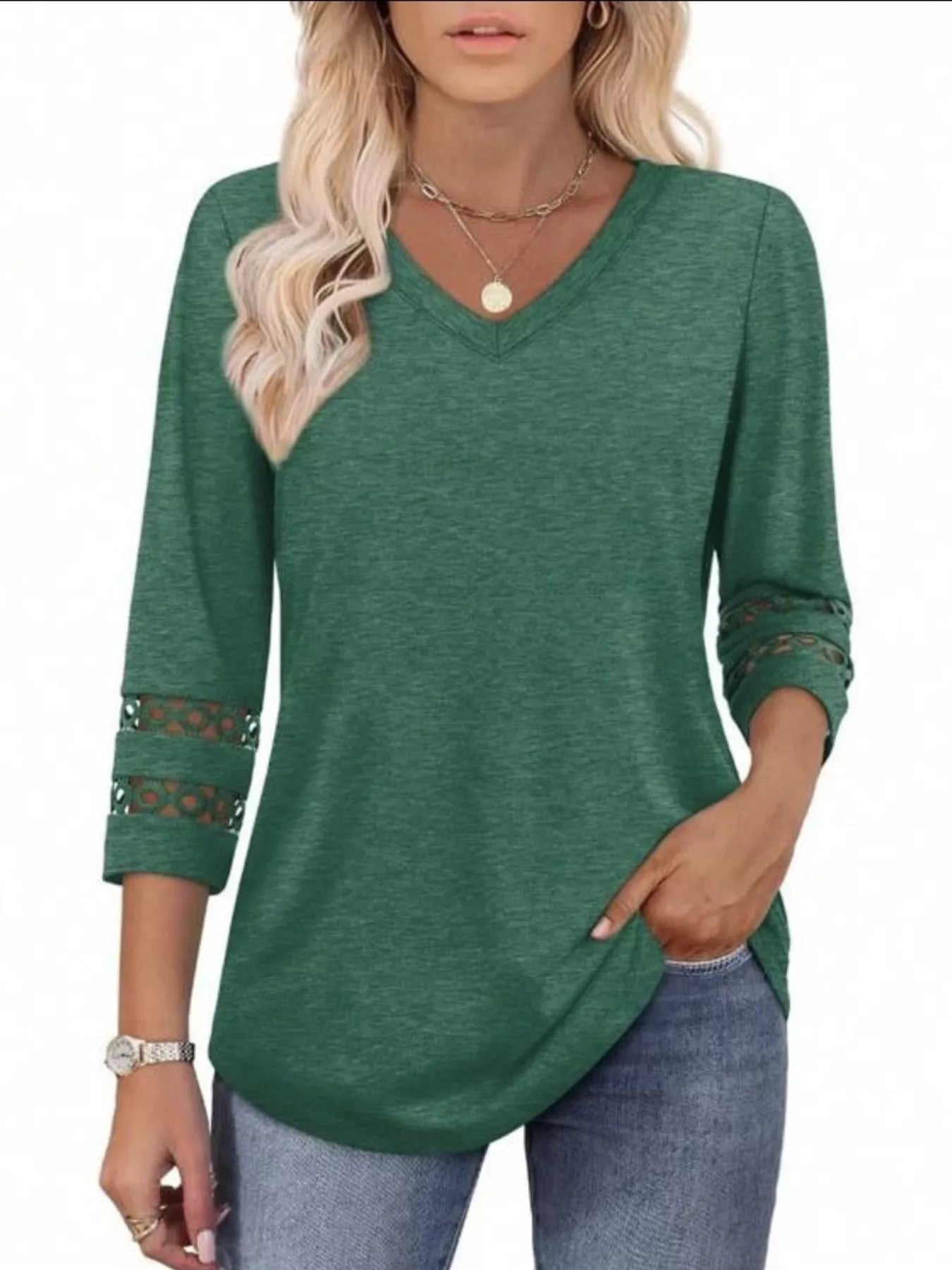 Full Size V - Neck 3/4 Sleeve T-Shirt Plus Size - MAD RUFFI
