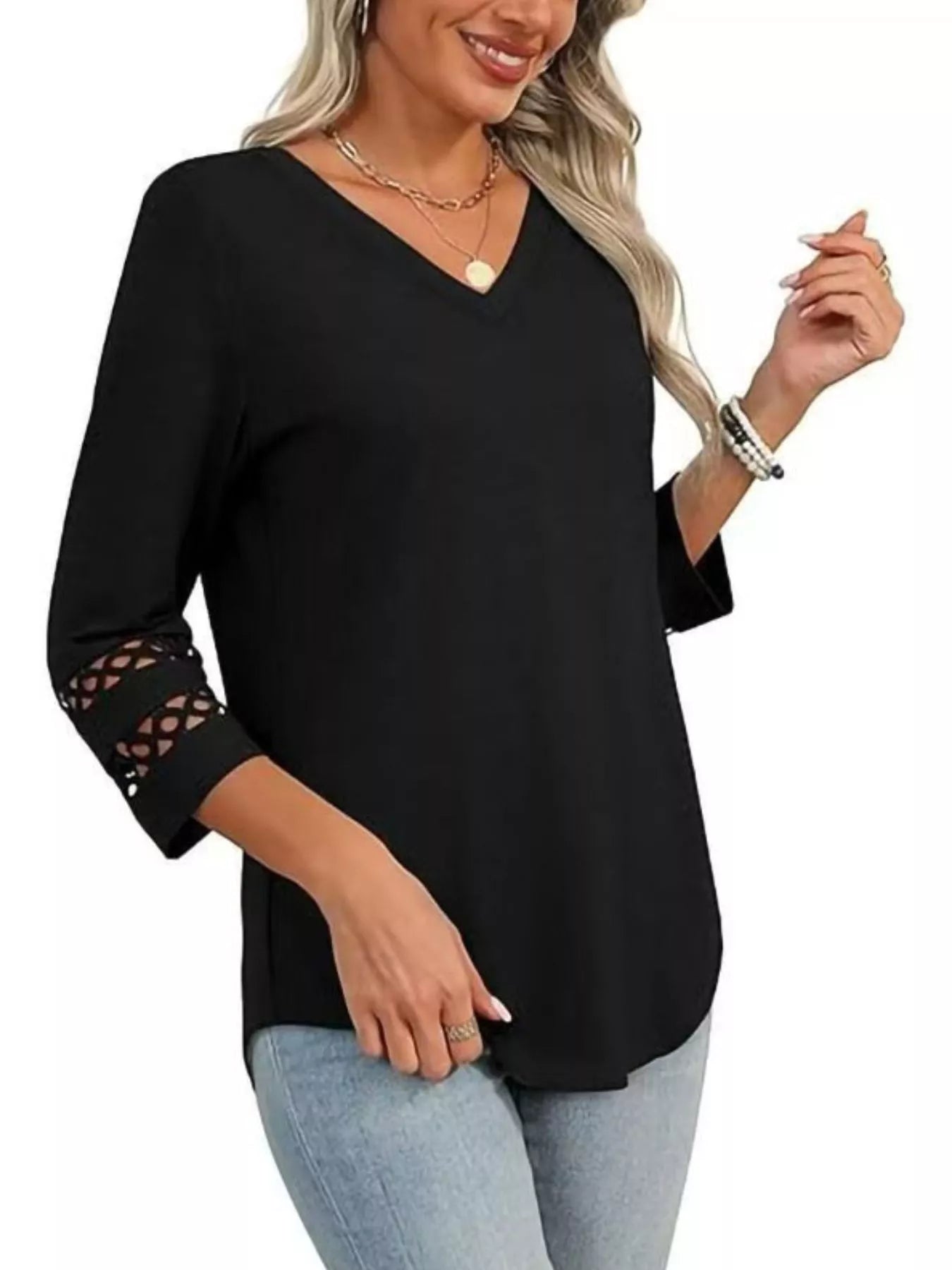Full Size V - Neck 3/4 Sleeve T-Shirt Plus Size - MAD RUFFI