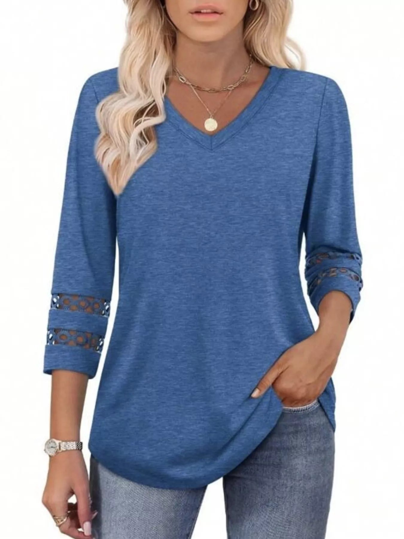 Full Size V - Neck 3/4 Sleeve T-Shirt Plus Size - MAD RUFFI