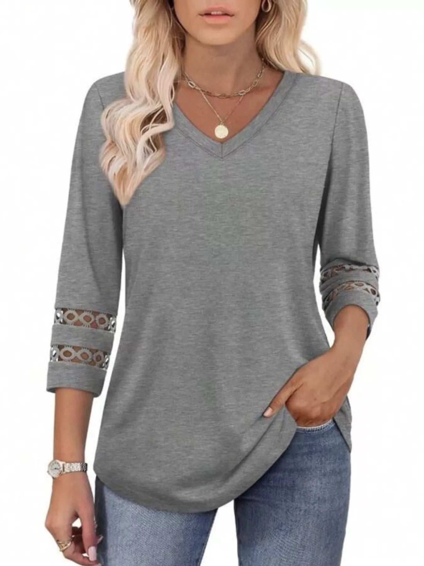 Full Size V - Neck 3/4 Sleeve T-Shirt Plus Size - MAD RUFFI