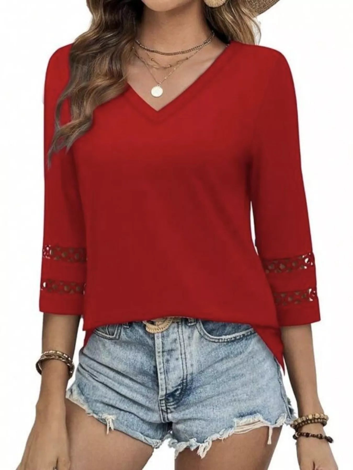 Full Size V - Neck 3/4 Sleeve T-Shirt Plus Size - MAD RUFFI