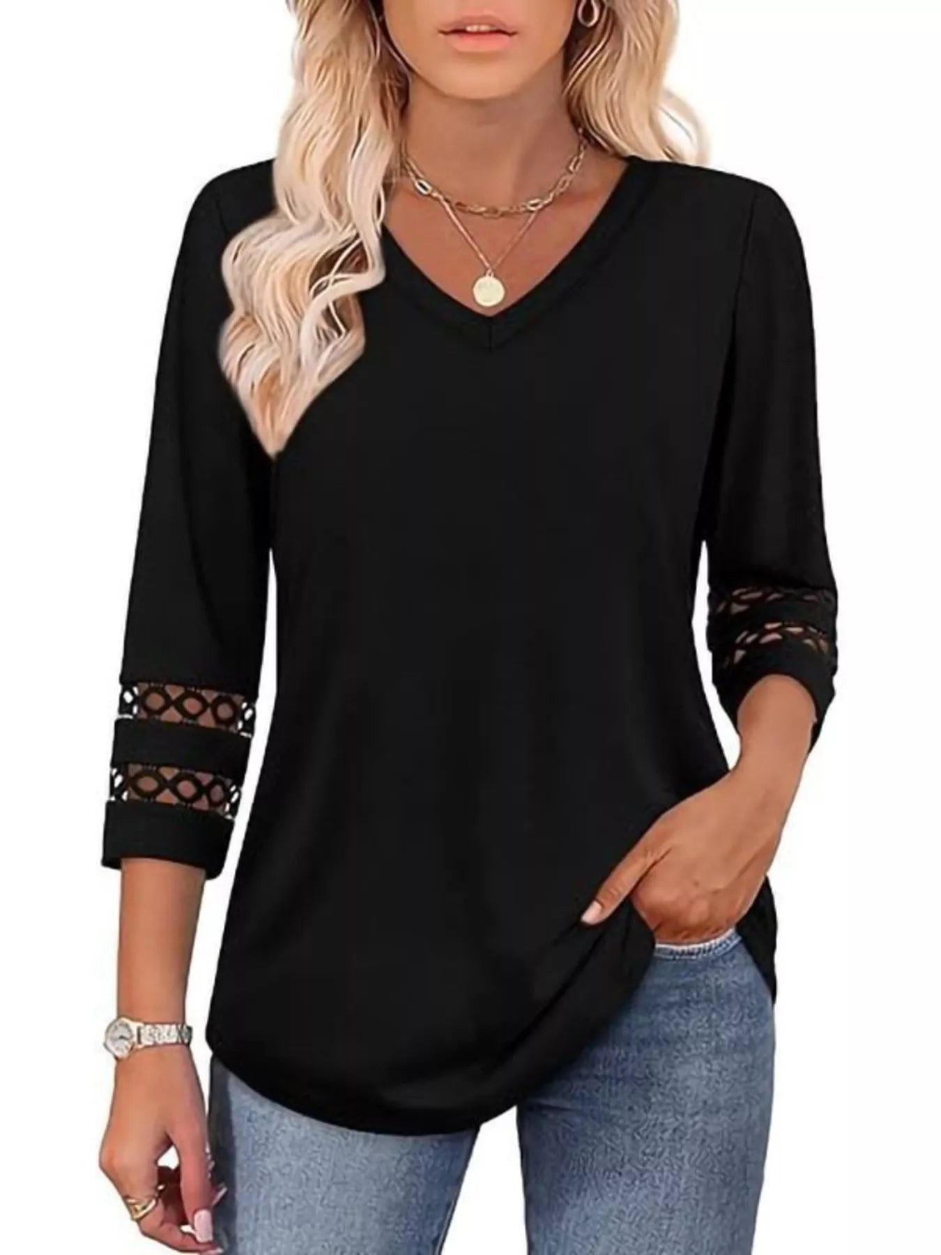 Full Size V - Neck 3/4 Sleeve T-Shirt Plus Size - MAD RUFFI