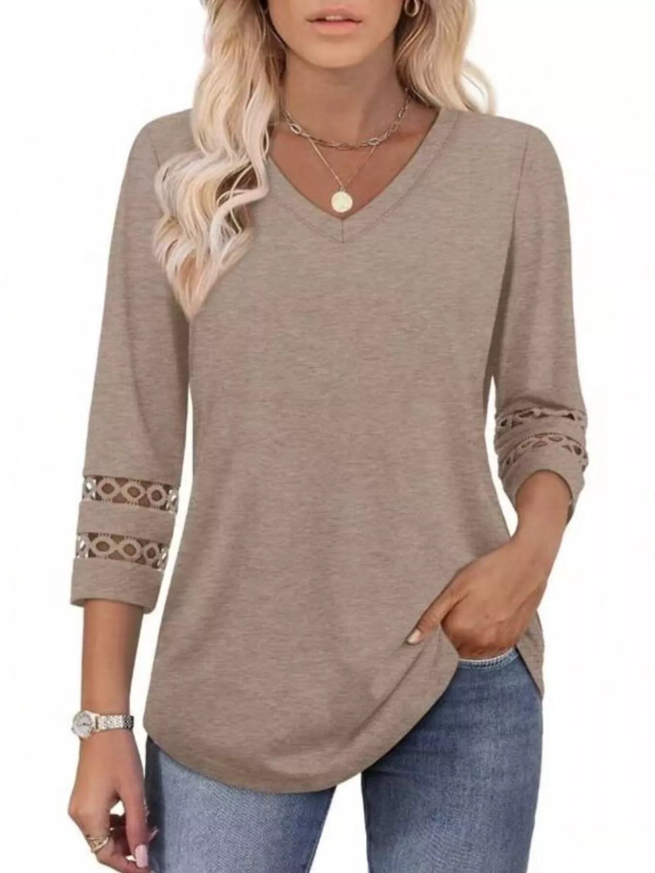 Full Size V - Neck 3/4 Sleeve T-Shirt Plus Size - MAD RUFFI