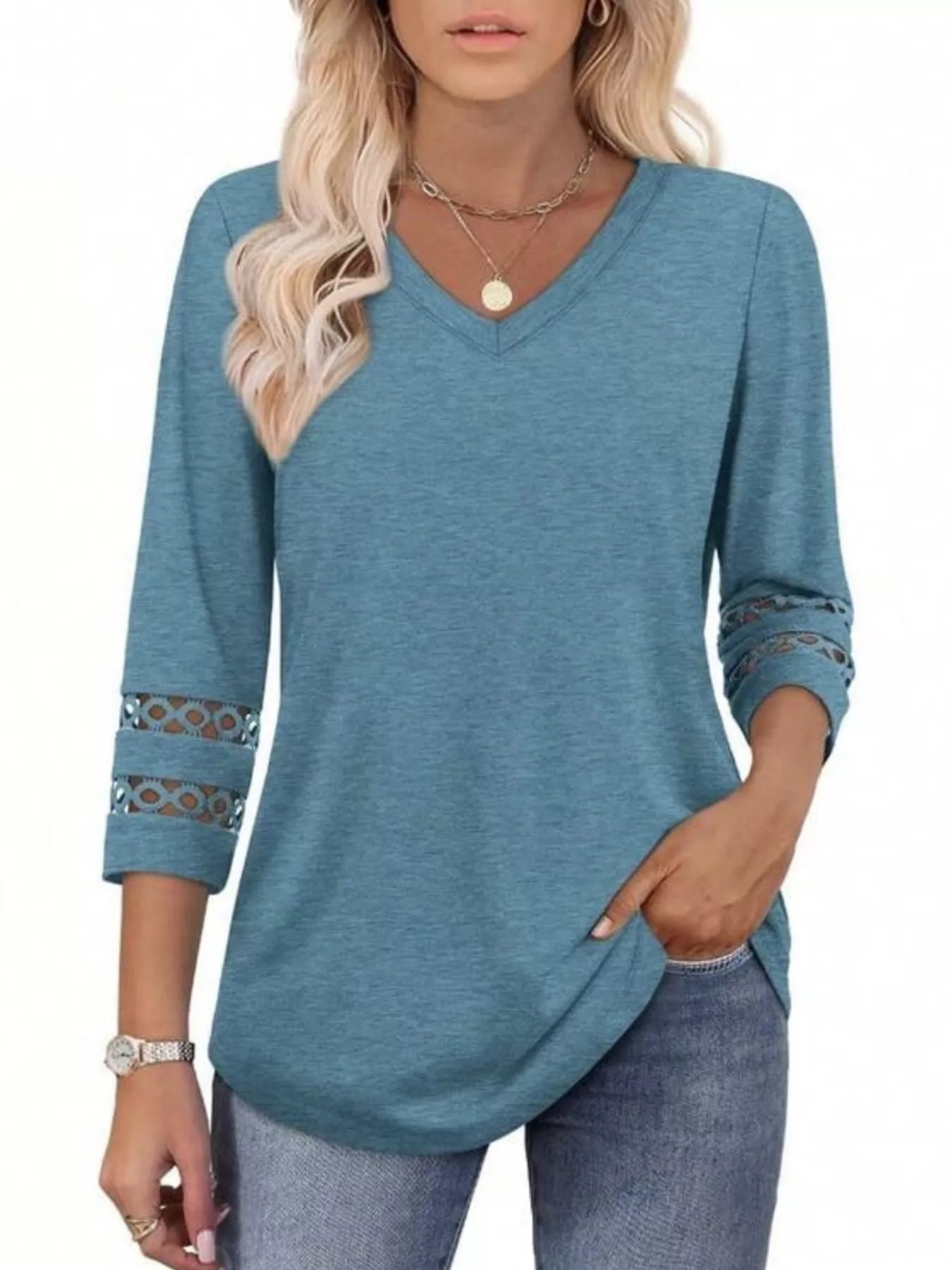 Full Size V - Neck 3/4 Sleeve T-Shirt Plus Size - MAD RUFFI