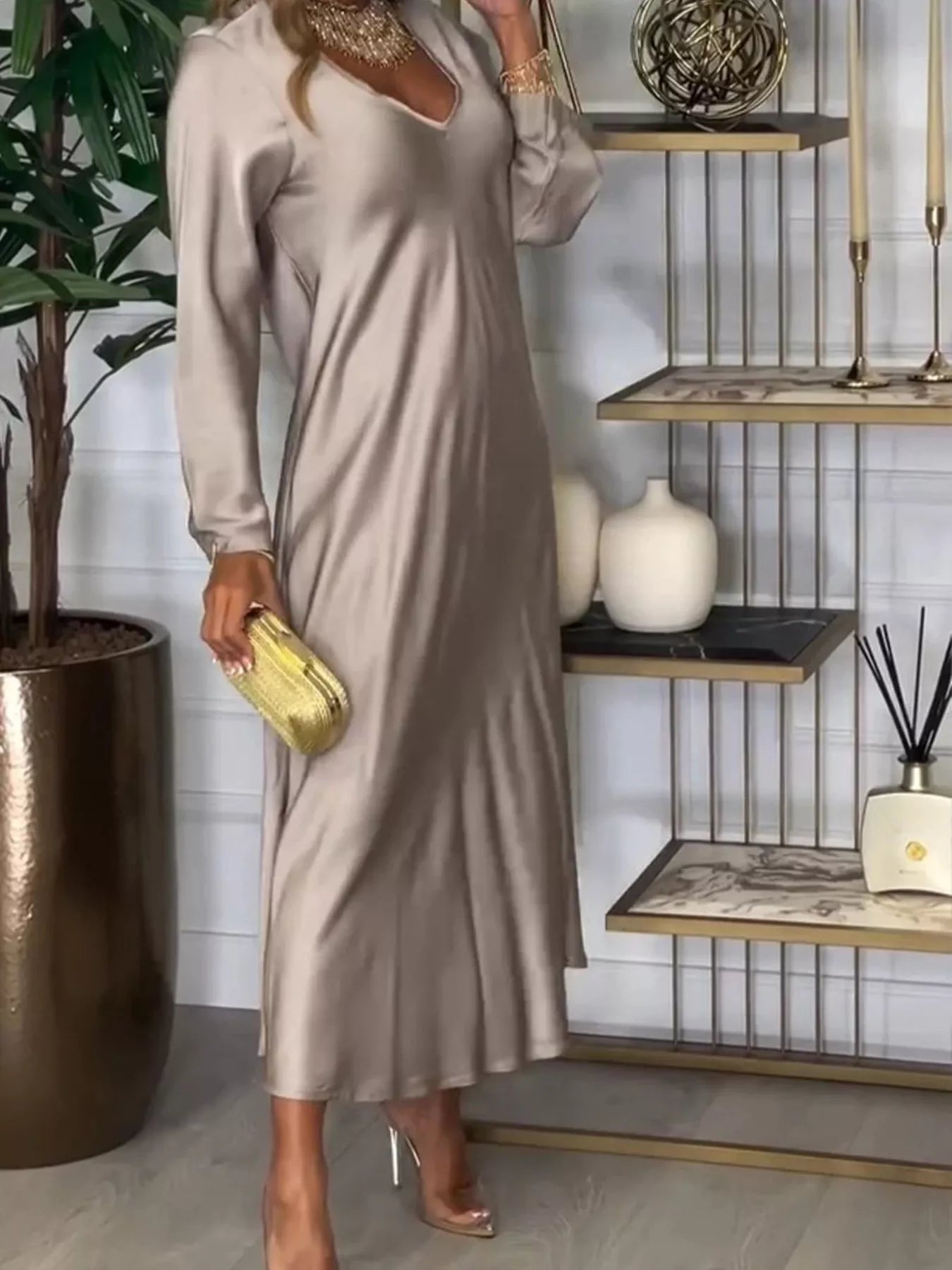 Full Size V - Neck Long Sleeve Midi Dress Plus Size - MAD RUFFI