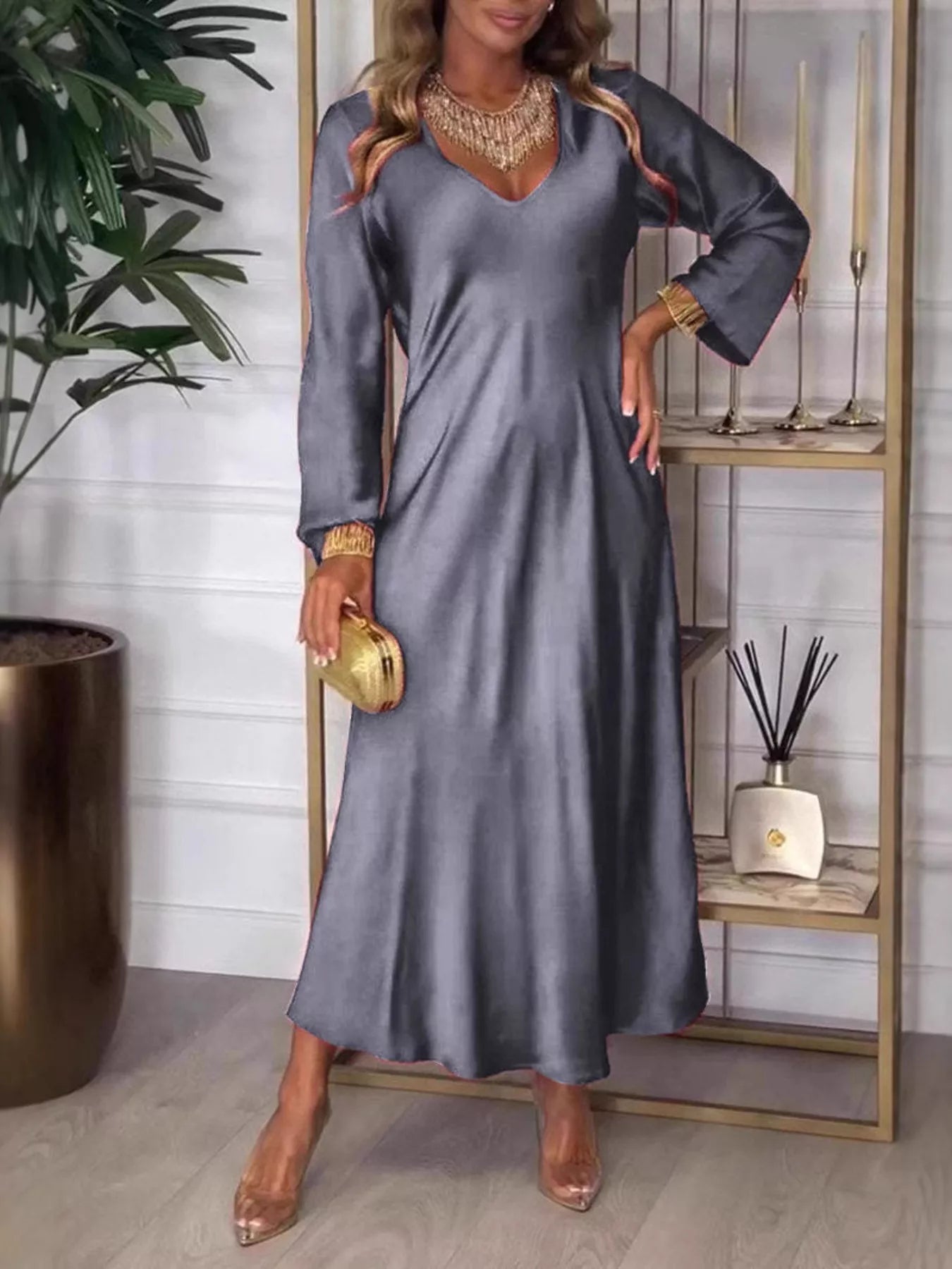 Full Size V - Neck Long Sleeve Midi Dress Plus Size - MAD RUFFI