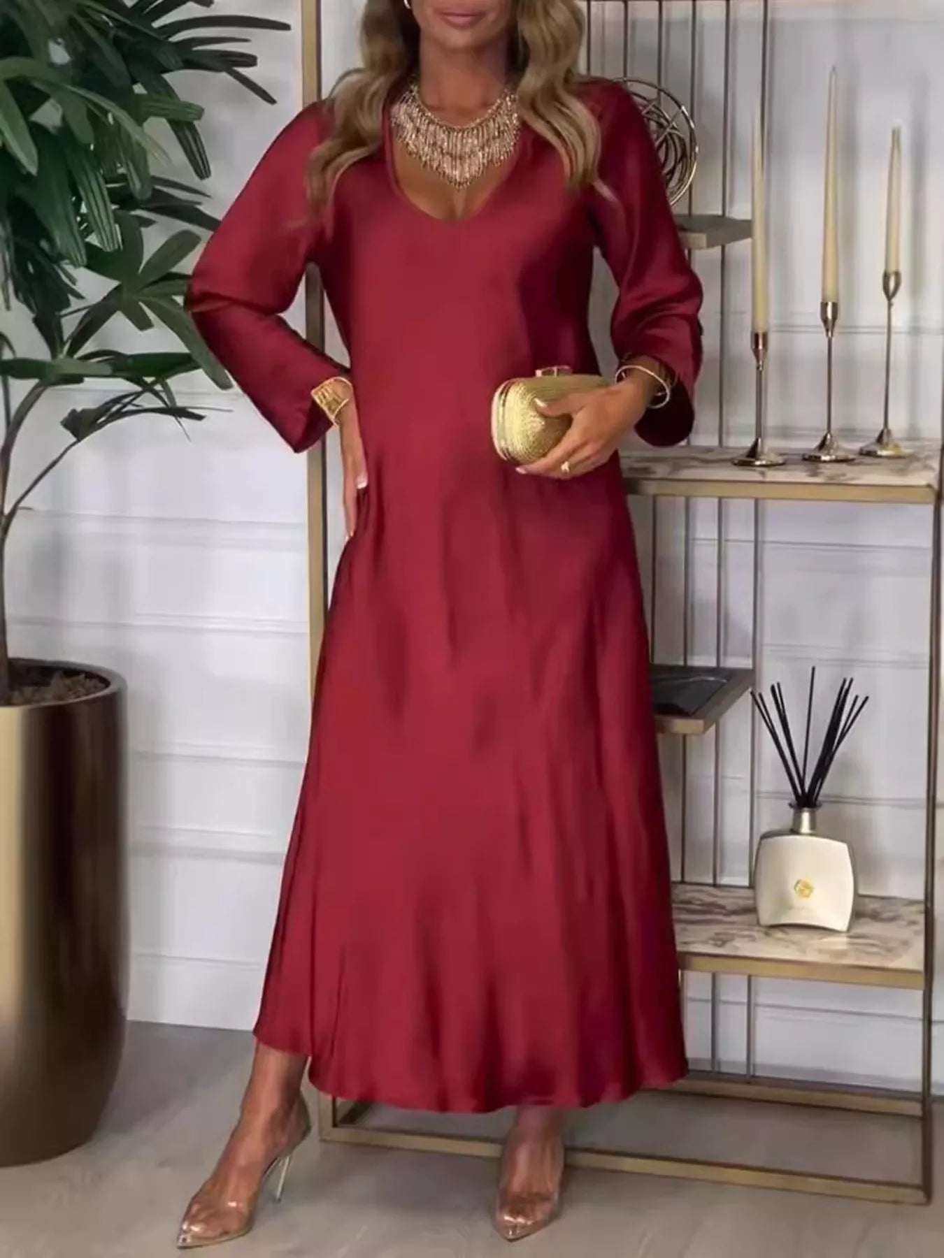 Full Size V - Neck Long Sleeve Midi Dress Plus Size - MAD RUFFI