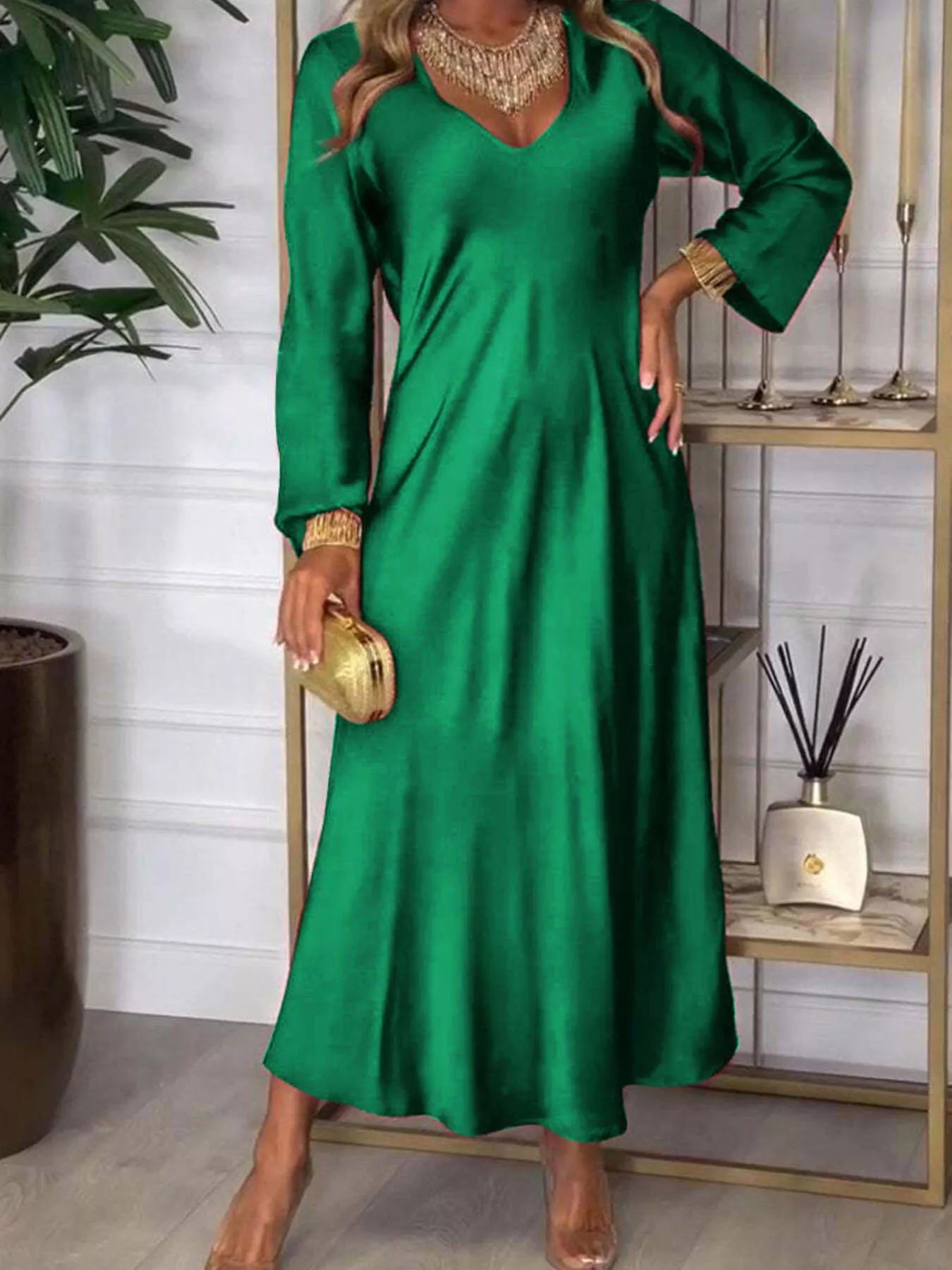 Full Size V - Neck Long Sleeve Midi Dress Plus Size - MAD RUFFI