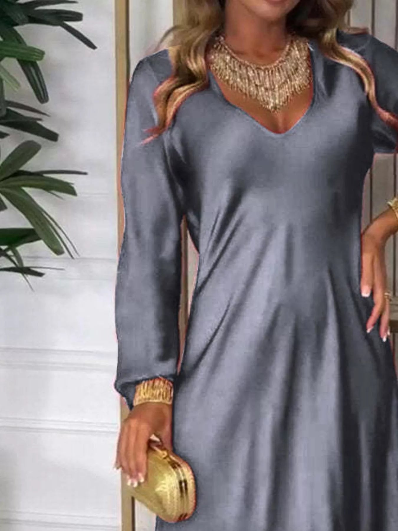 Full Size V - Neck Long Sleeve Midi Dress Plus Size - MAD RUFFI