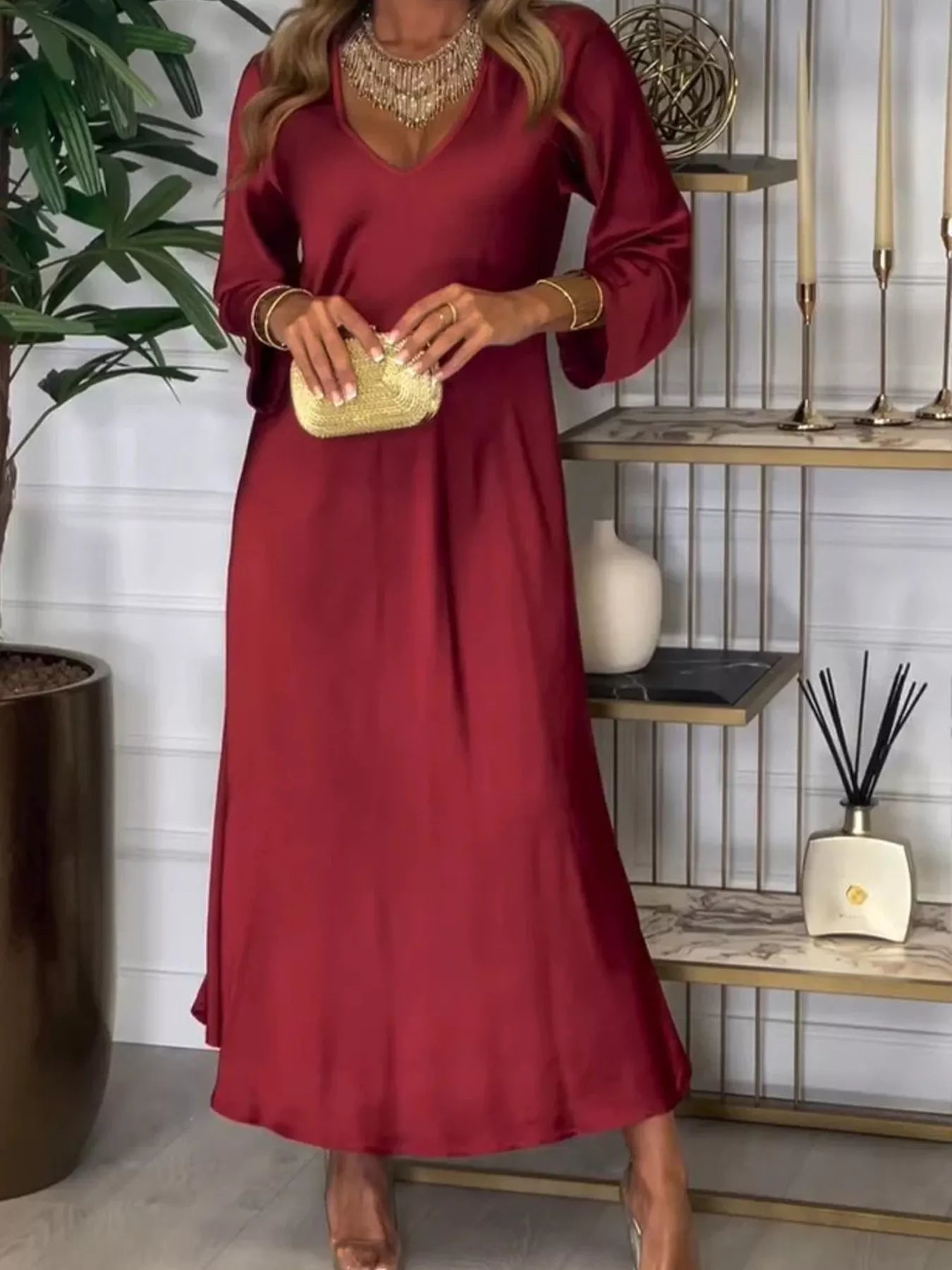 Full Size V - Neck Long Sleeve Midi Dress Plus Size - MAD RUFFI