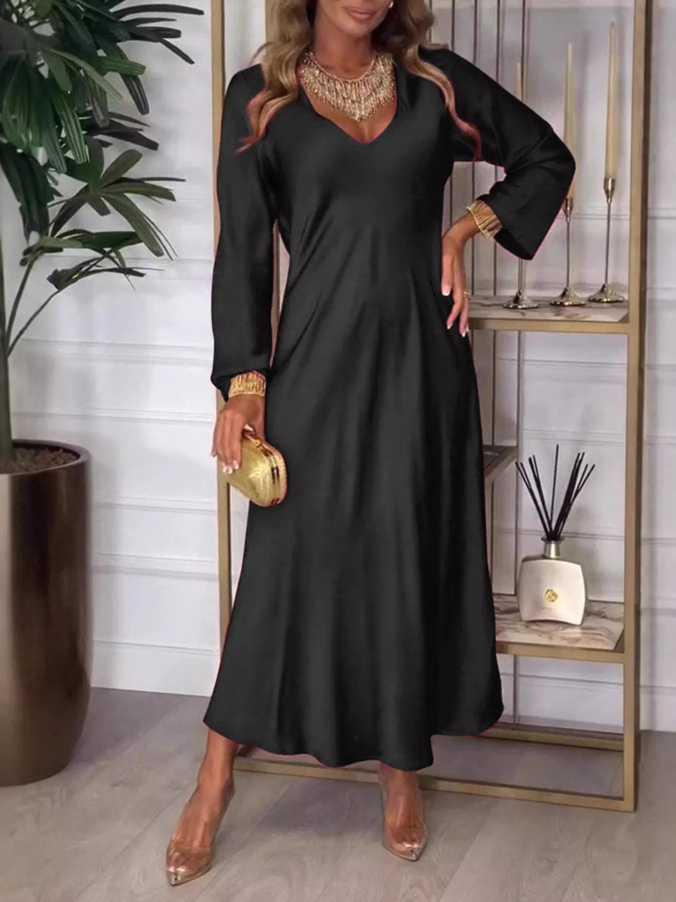 Full Size V - Neck Long Sleeve Midi Dress Plus Size - MAD RUFFI
