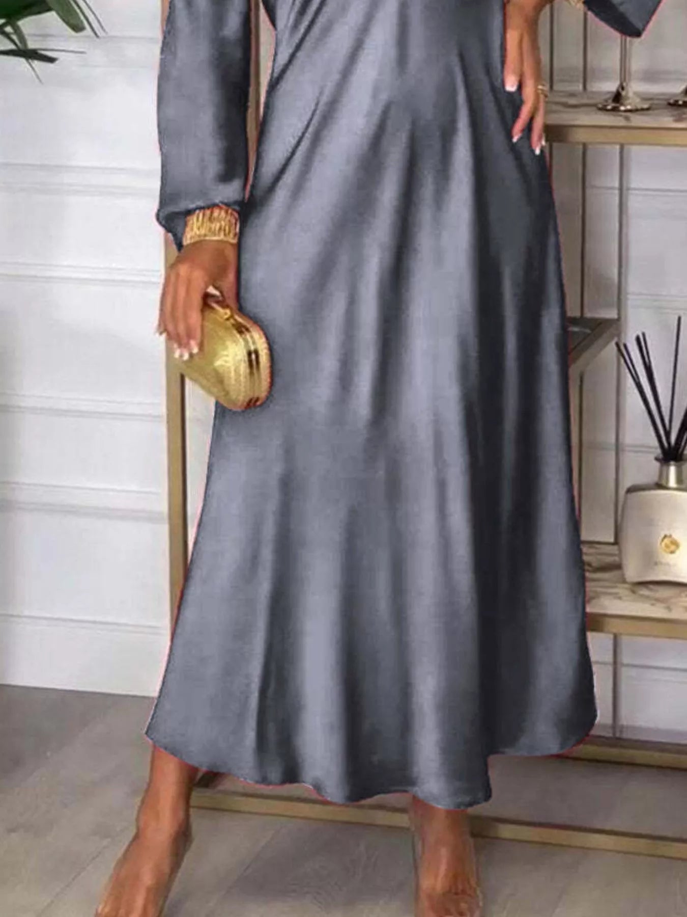 Full Size V - Neck Long Sleeve Midi Dress Plus Size - MAD RUFFI