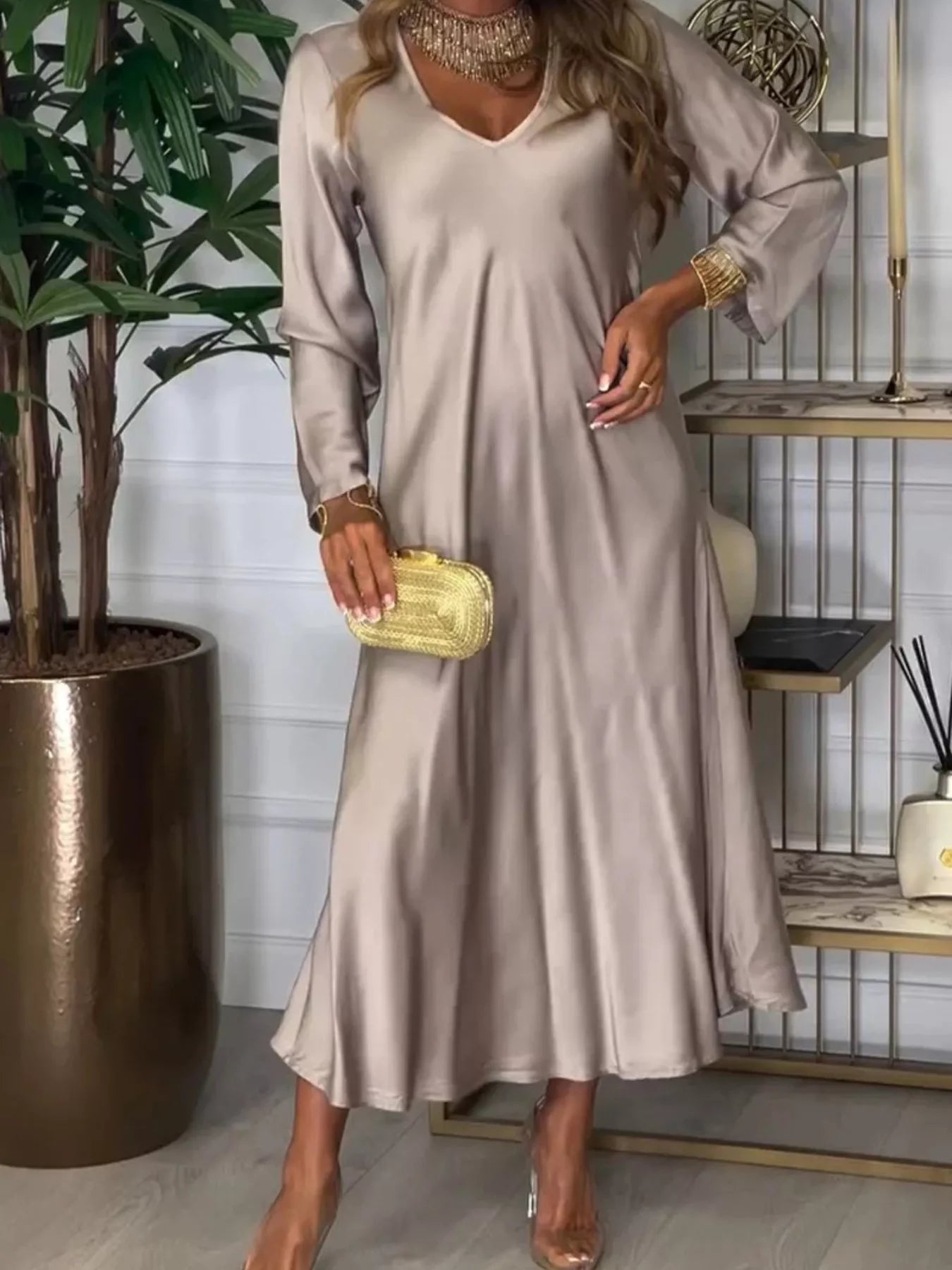 Full Size V - Neck Long Sleeve Midi Dress Plus Size - MAD RUFFI