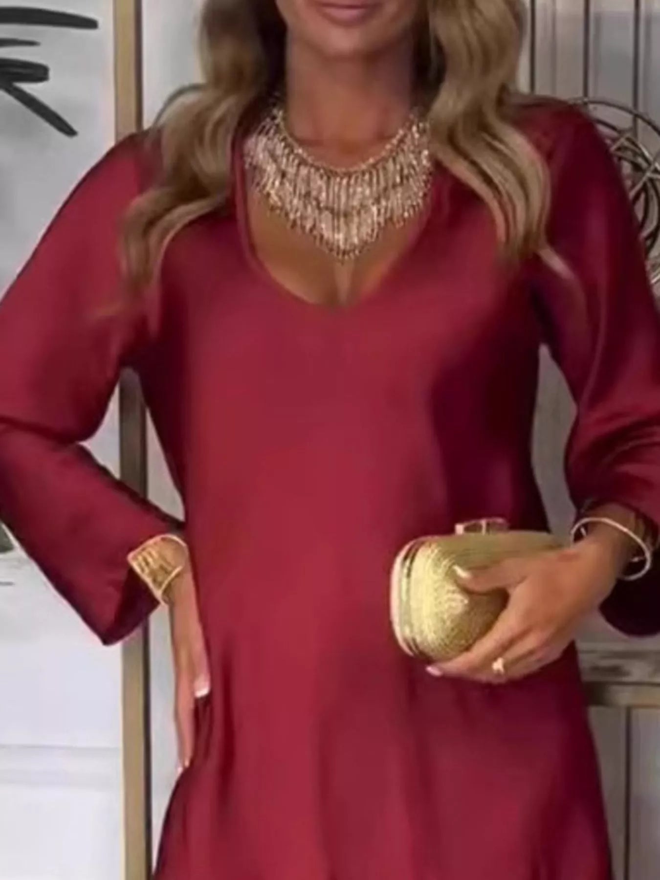 Full Size V - Neck Long Sleeve Midi Dress Plus Size - MAD RUFFI