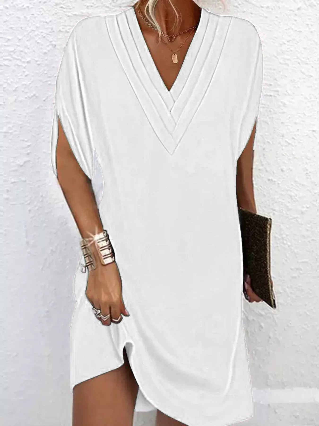 Full Size V - Neck Slit Sleeve Mini Dress Plus Size - MAD RUFFI