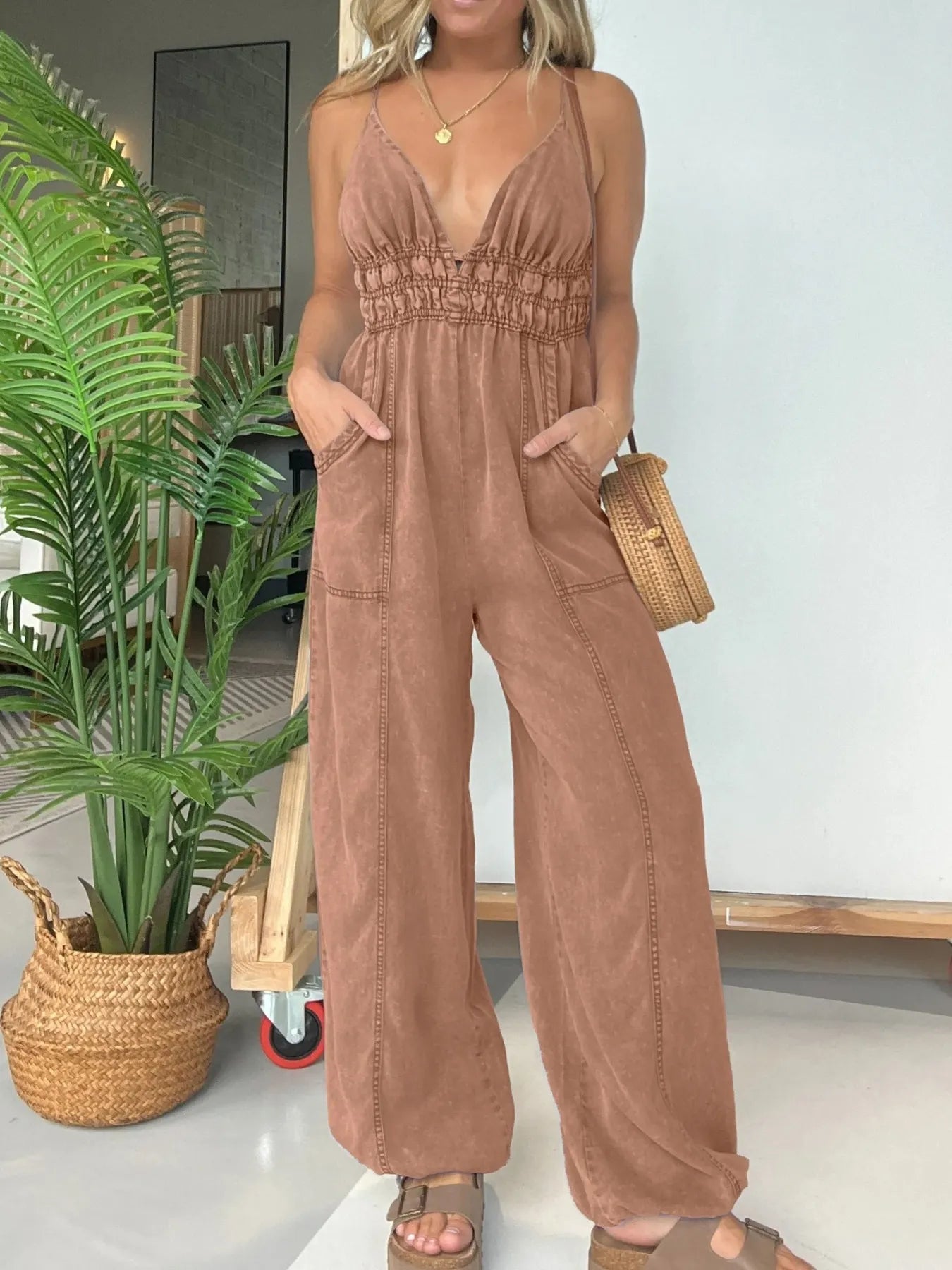 Full Size Wide Leg Spaghetti Strap Jumpsuit Plus Size - MAD RUFFI