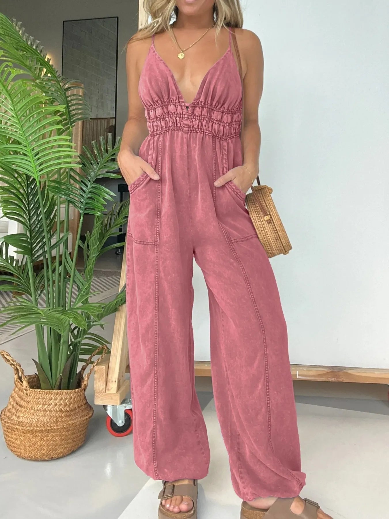 Full Size Wide Leg Spaghetti Strap Jumpsuit Plus Size - MAD RUFFI