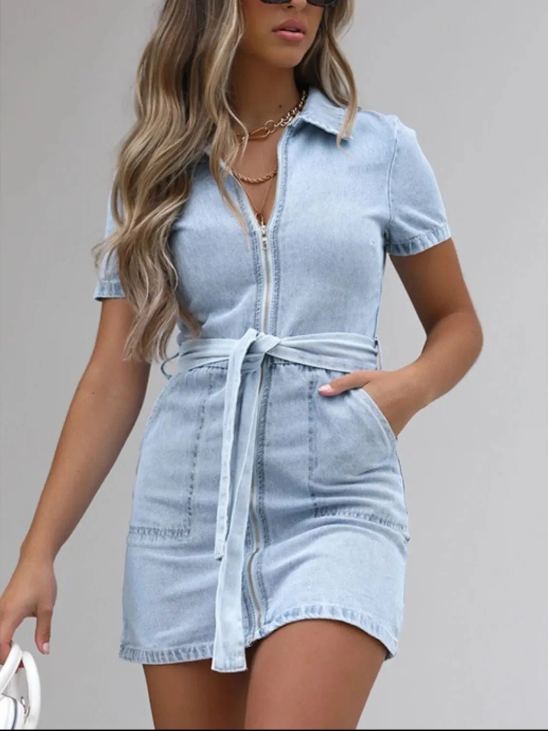 Full Size Zip Front Short Sleeve Denim Dress Plus Size - MAD RUFFI