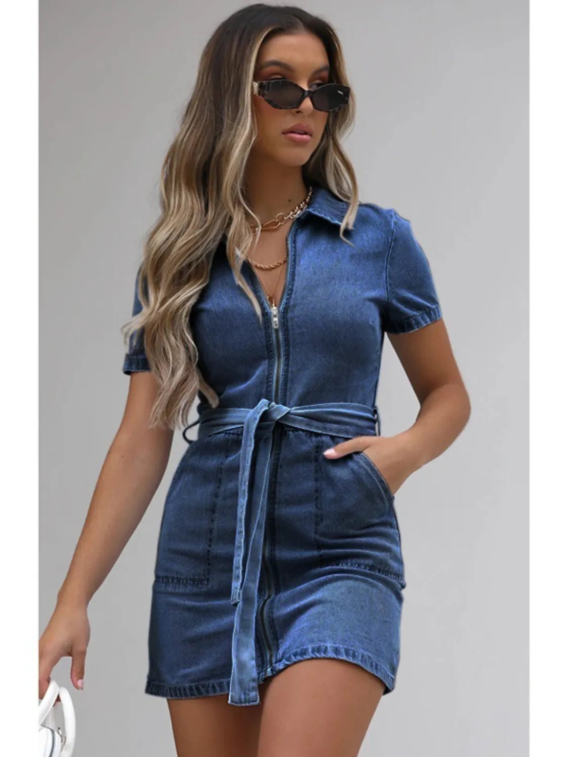 Full Size Zip Front Short Sleeve Denim Dress Plus Size - MAD RUFFI