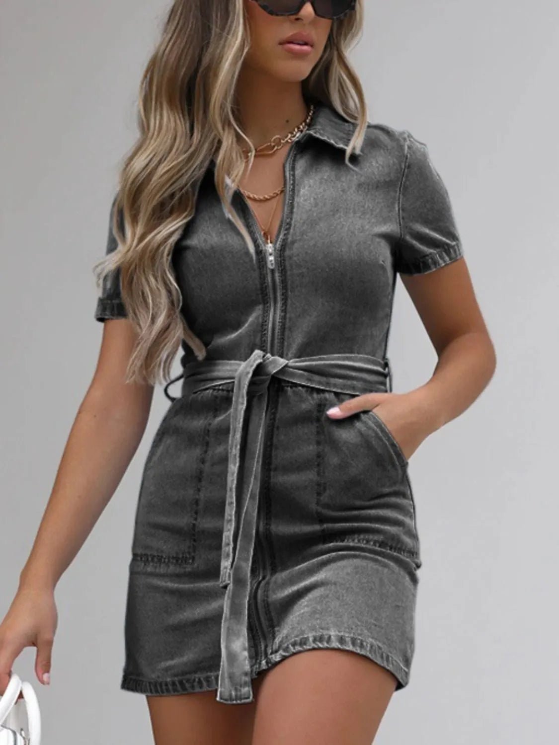 Full Size Zip Front Short Sleeve Denim Dress Plus Size - MAD RUFFI