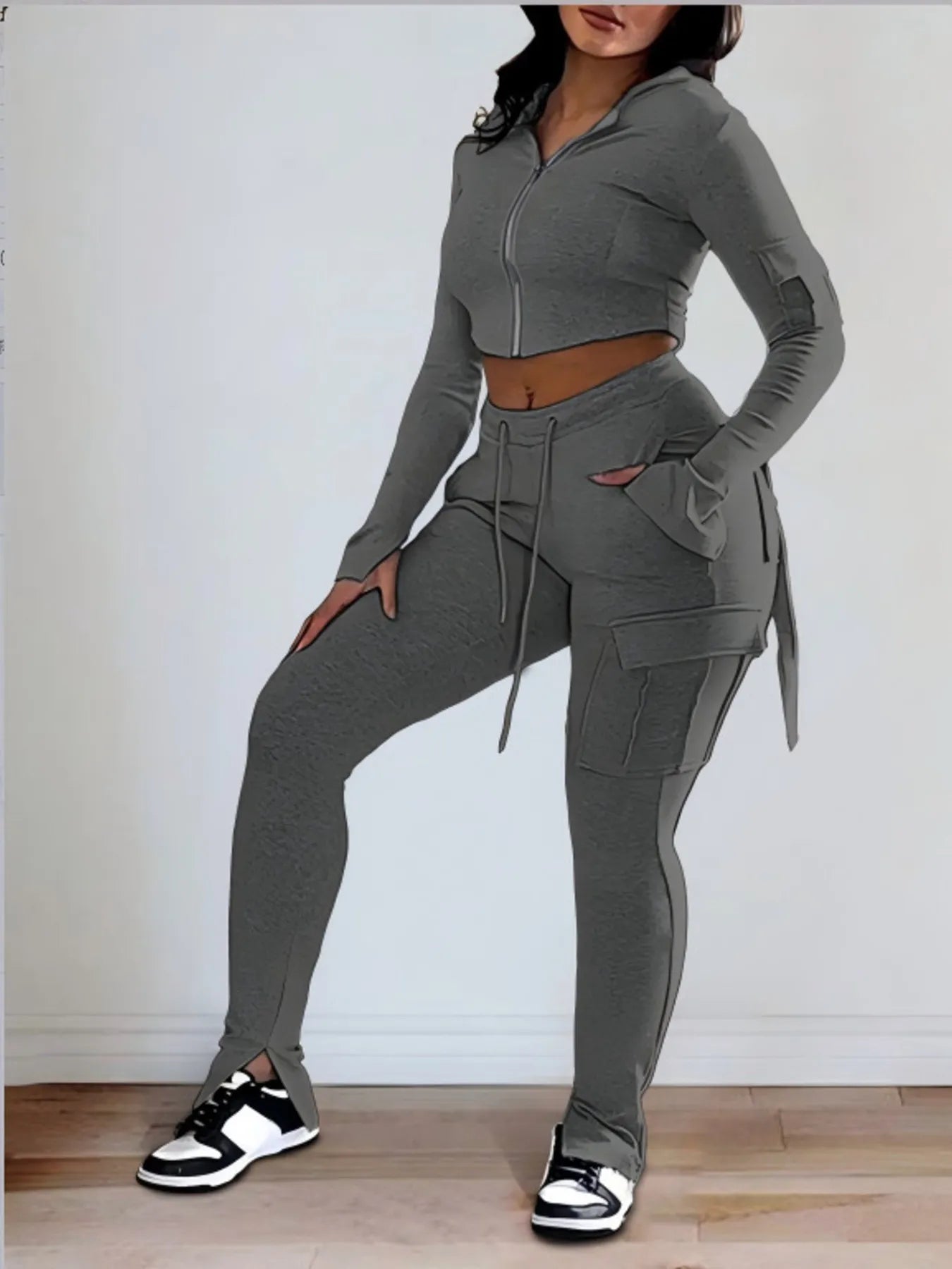 Full Size Zip Up Long Sleeve Hooded Top and Cargo Pants Set Plus Size - MAD RUFFI