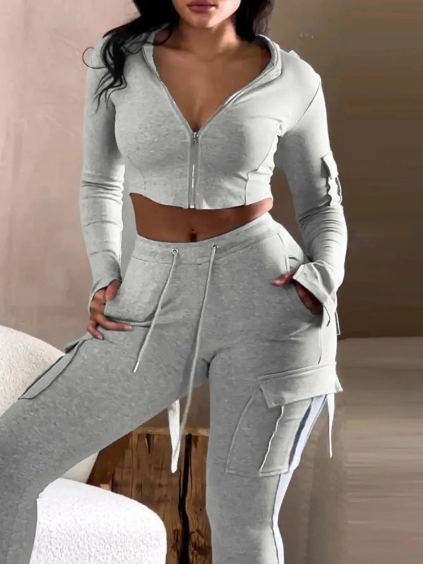 Full Size Zip Up Long Sleeve Hooded Top and Cargo Pants Set Plus Size - MAD RUFFI