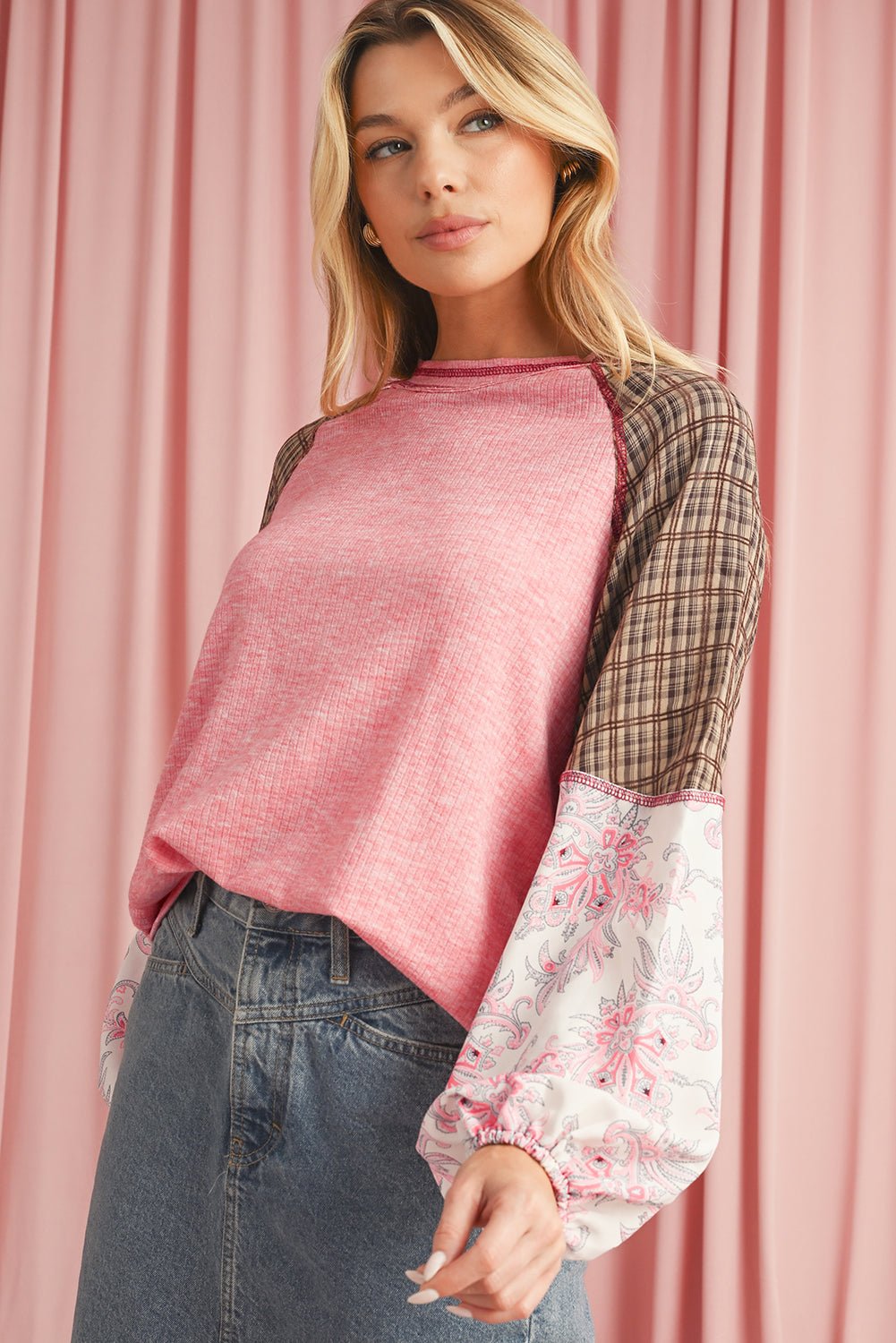 Fushia Floral Plaid Mixed Print Patchwork Raglan Ribbed Top - MAD RUFFI