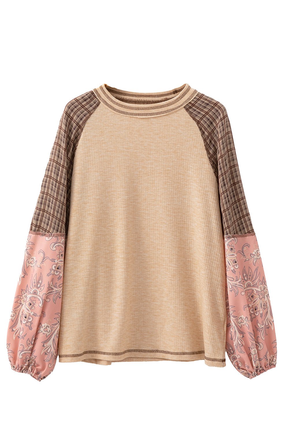 Fushia Floral Plaid Mixed Print Patchwork Raglan Ribbed Top - MAD RUFFI