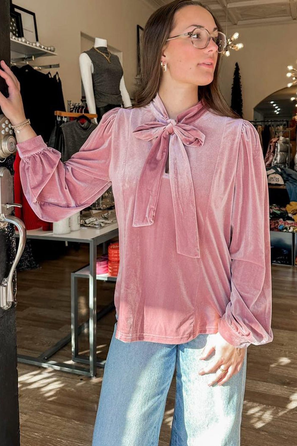 Fushia Velvet Long Sleeve Stand Neck Knot Blouse - MAD RUFFI