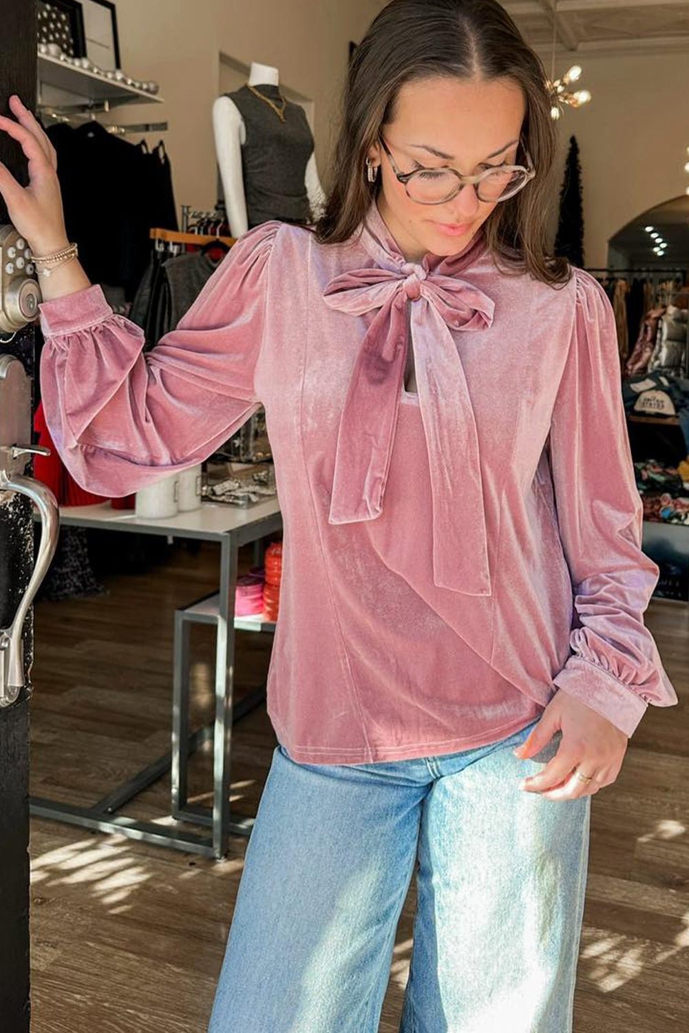Fushia Velvet Long Sleeve Stand Neck Knot Blouse - MAD RUFFI