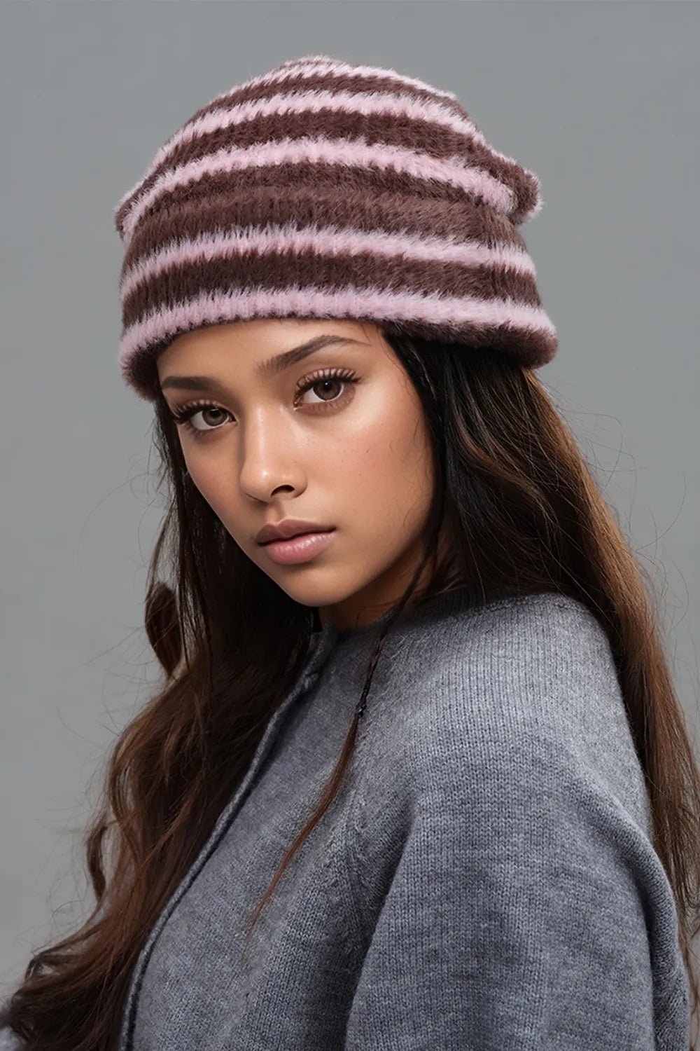 Fuzzy Contrast Striped Thermal Hat - MAD RUFFI