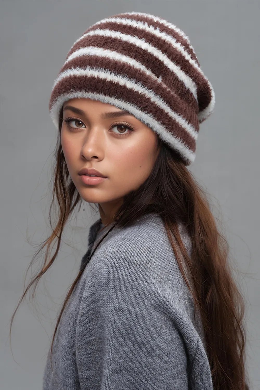 Fuzzy Contrast Striped Thermal Hat - MAD RUFFI