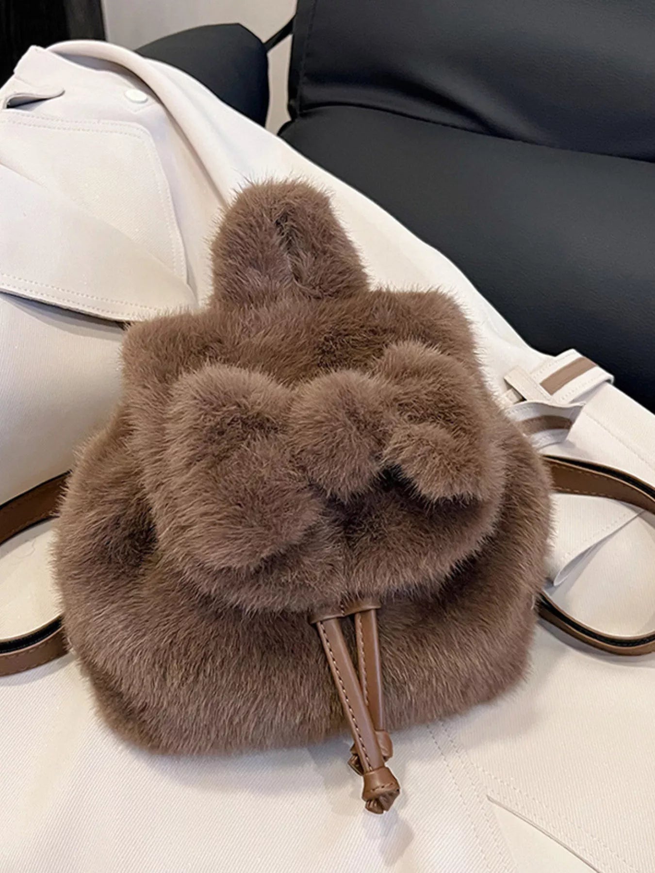 Fuzzy Plush Drawstring Backpack Bag - MAD RUFFI