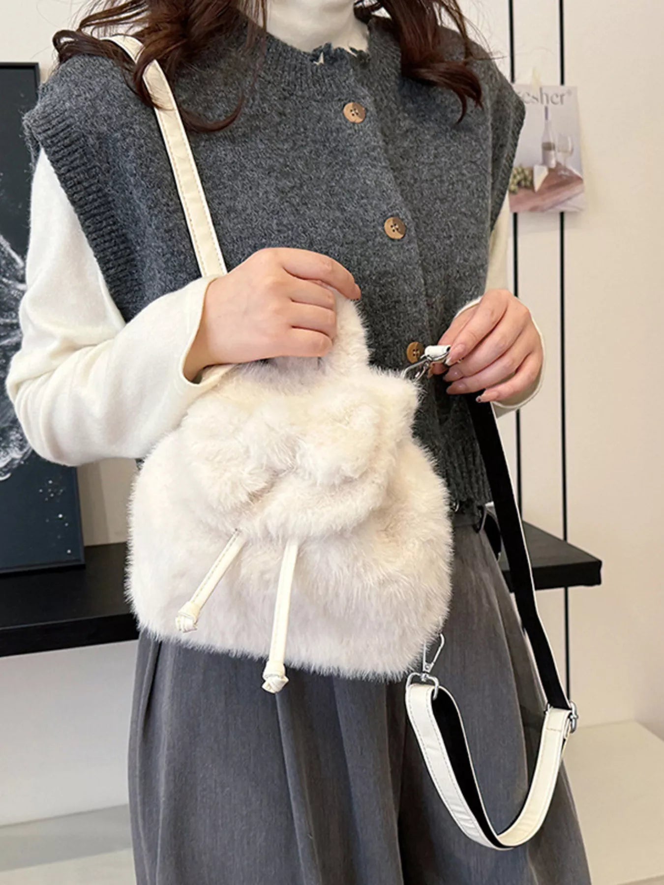 Fuzzy Plush Drawstring Backpack Bag - MAD RUFFI
