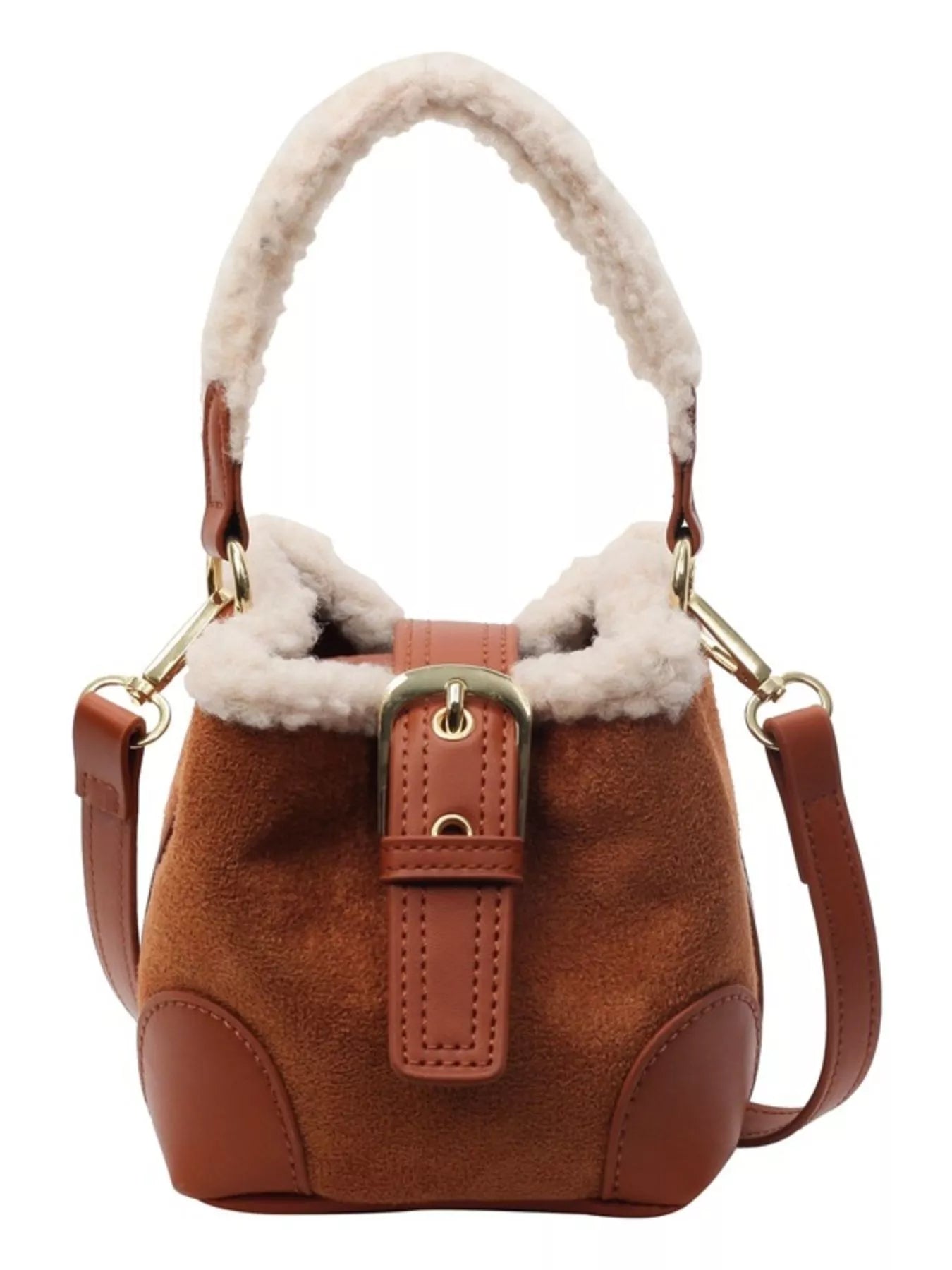 Fuzzy Trim Bucket Crossbody Bag - MAD RUFFI