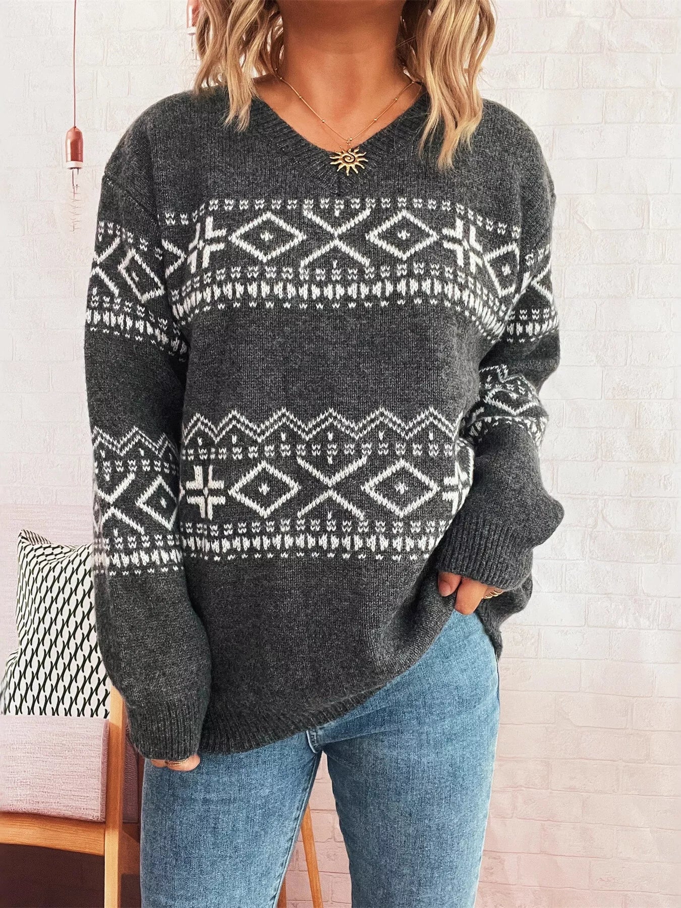 Geometric Dropped Shoulder Long Sleeve Sweater - MAD RUFFI