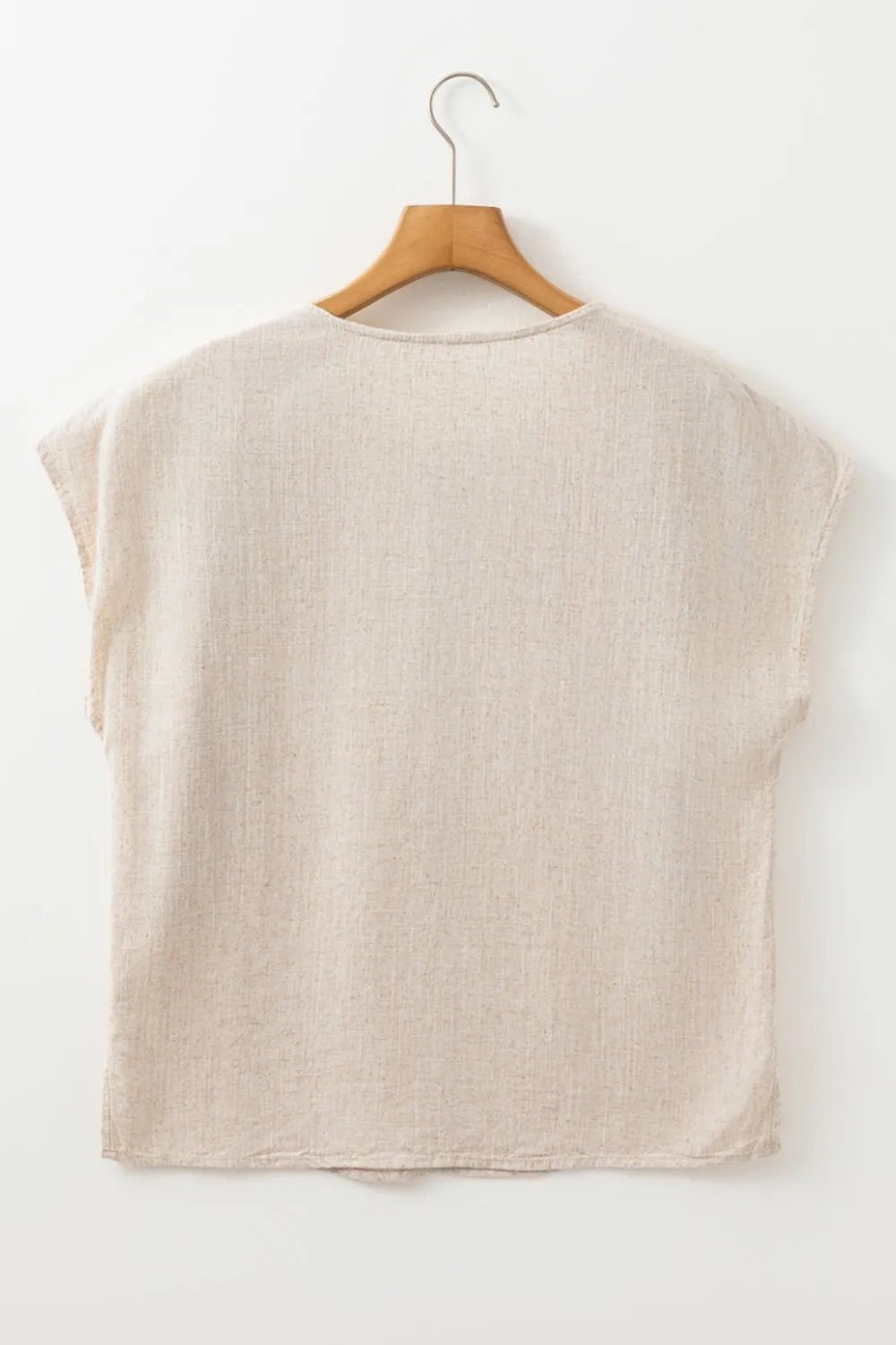 Geometric Embroidered Short Sleeve Tassel Tie Neck Blouse - MAD RUFFI