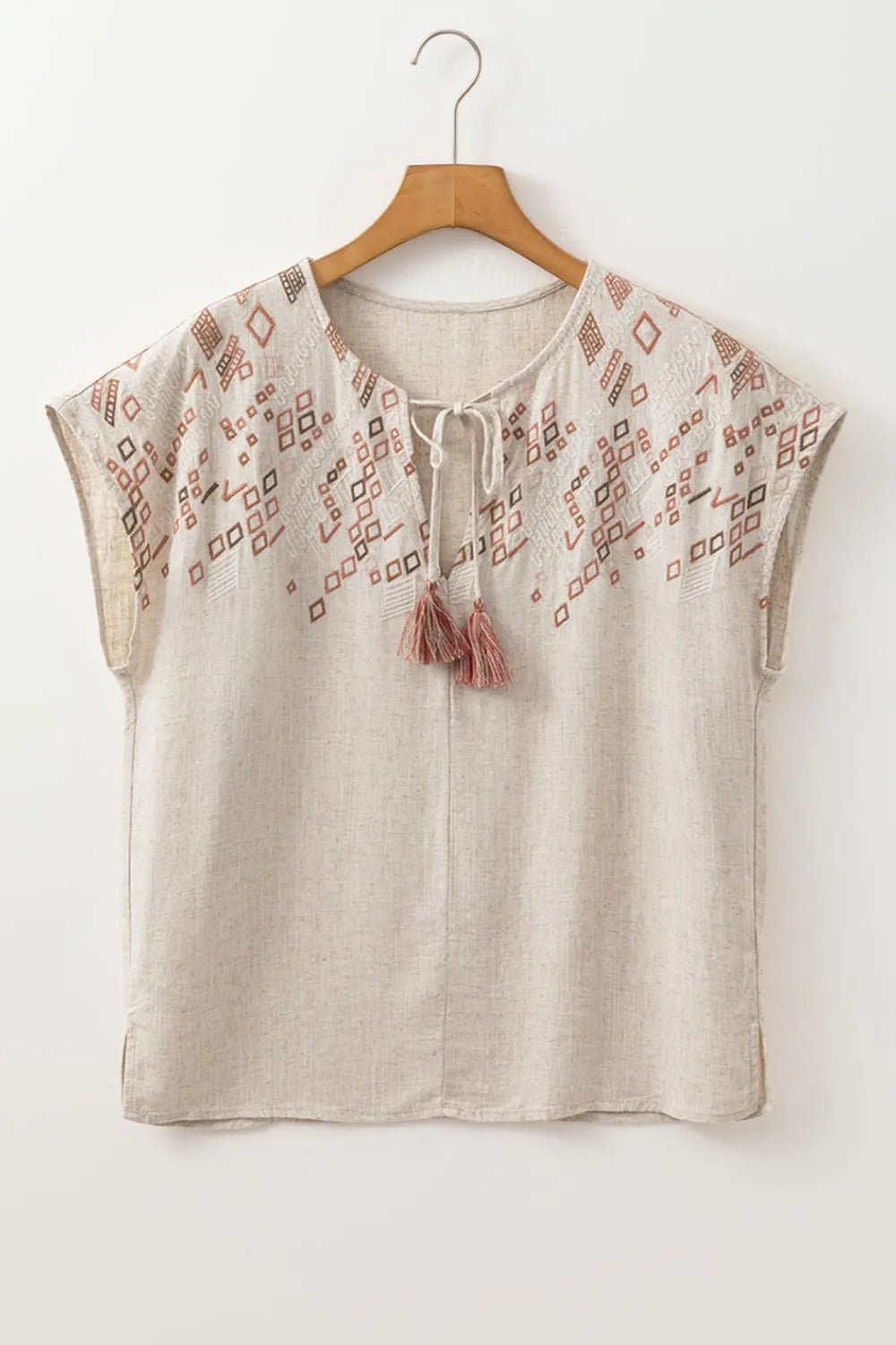 Geometric Embroidered Short Sleeve Tassel Tie Neck Blouse - MAD RUFFI