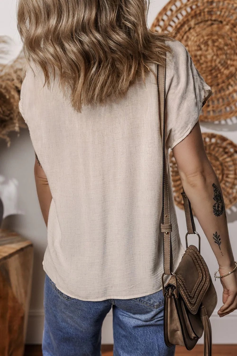 Geometric Embroidered Short Sleeve Tassel Tie Neck Blouse - MAD RUFFI