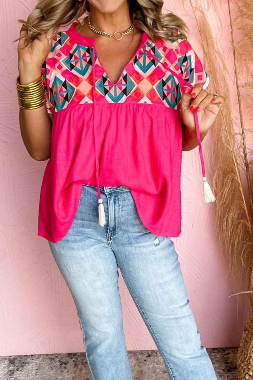 Geometric Embroidered Tassel Tie Neck Blouse - MAD RUFFI