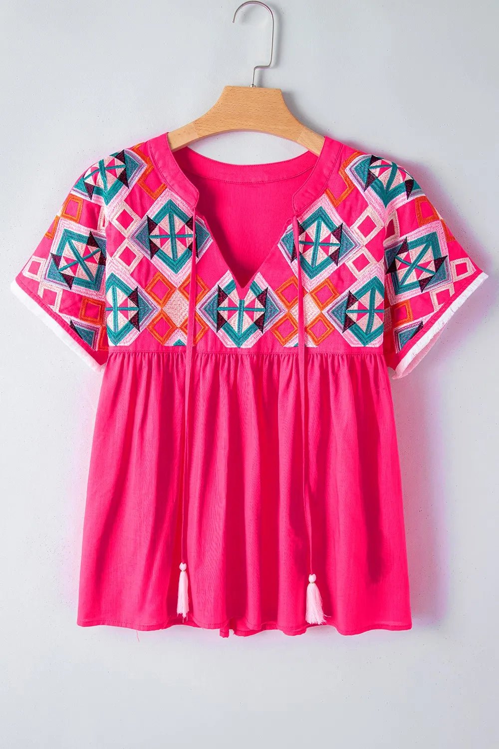 Geometric Embroidered Tassel Tie Neck Blouse - MAD RUFFI