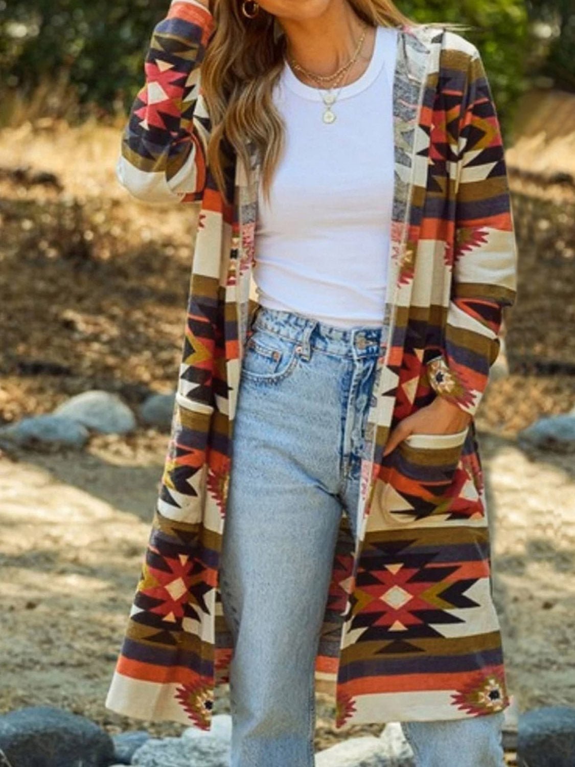 Geometric Hooded Cardigan with Pockets - MAD RUFFI