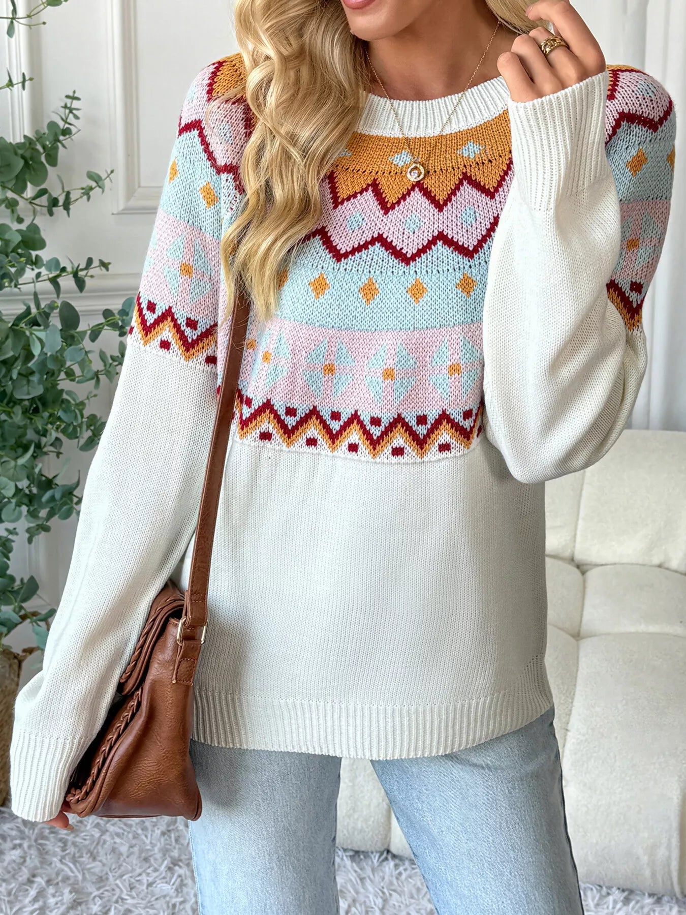 Geometric Round Neck Long Sleeve Sweater - MAD RUFFI