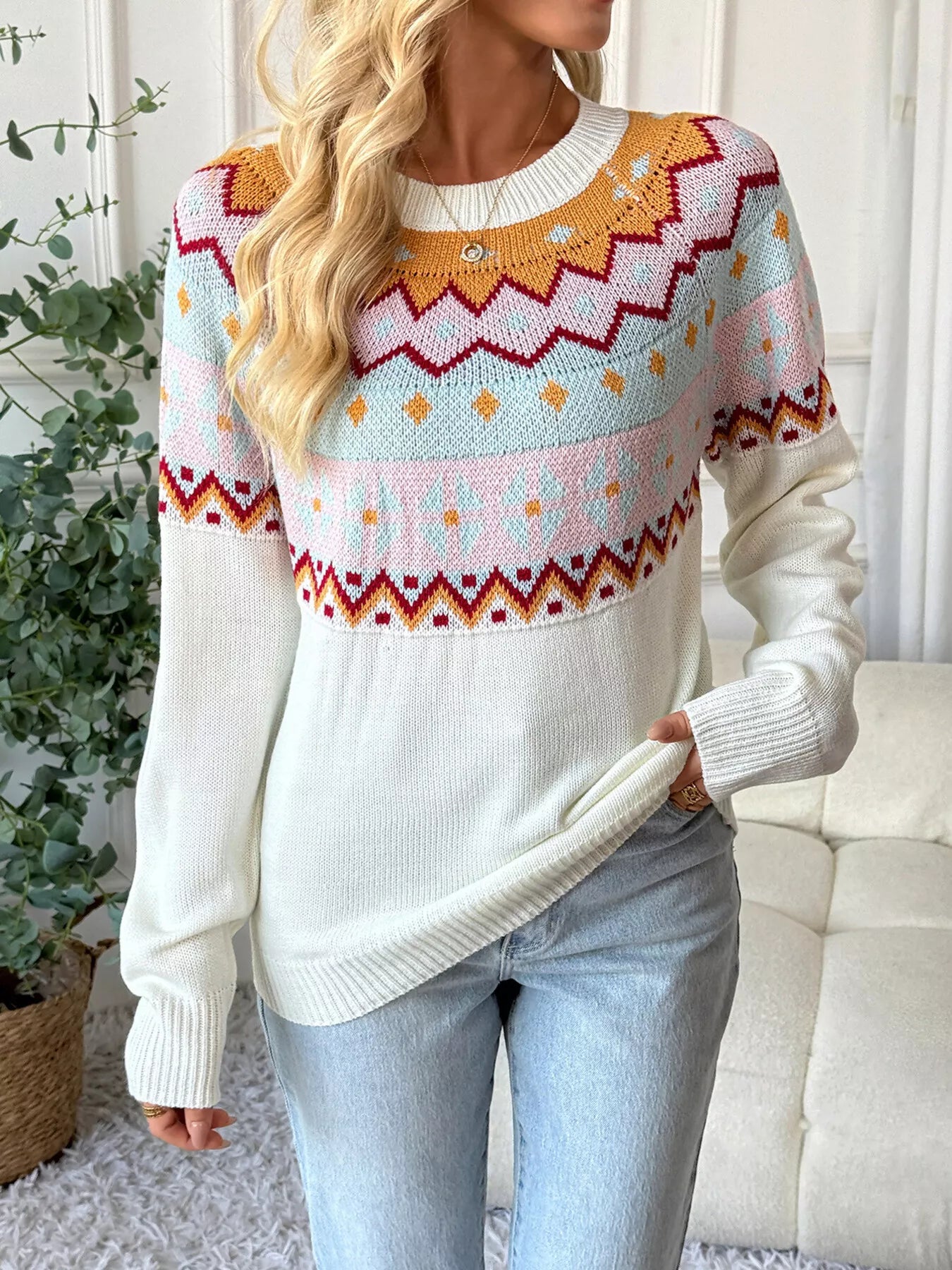 Geometric Round Neck Long Sleeve Sweater - MAD RUFFI