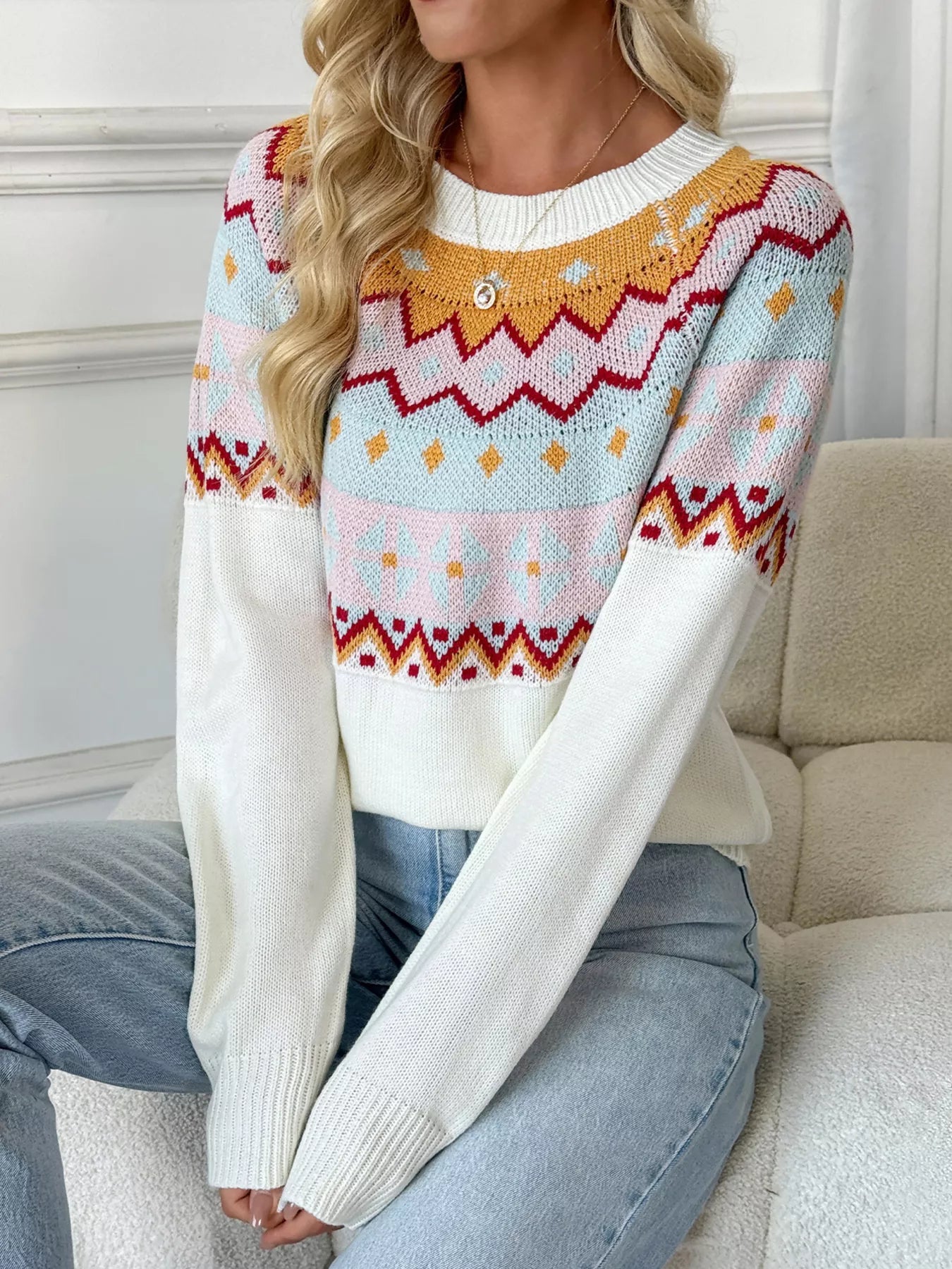 Geometric Round Neck Long Sleeve Sweater - MAD RUFFI