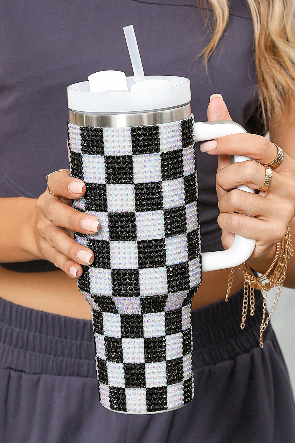 Ginger 40oz Rhinestone Checkered Tumbler Cup - MAD RUFFI